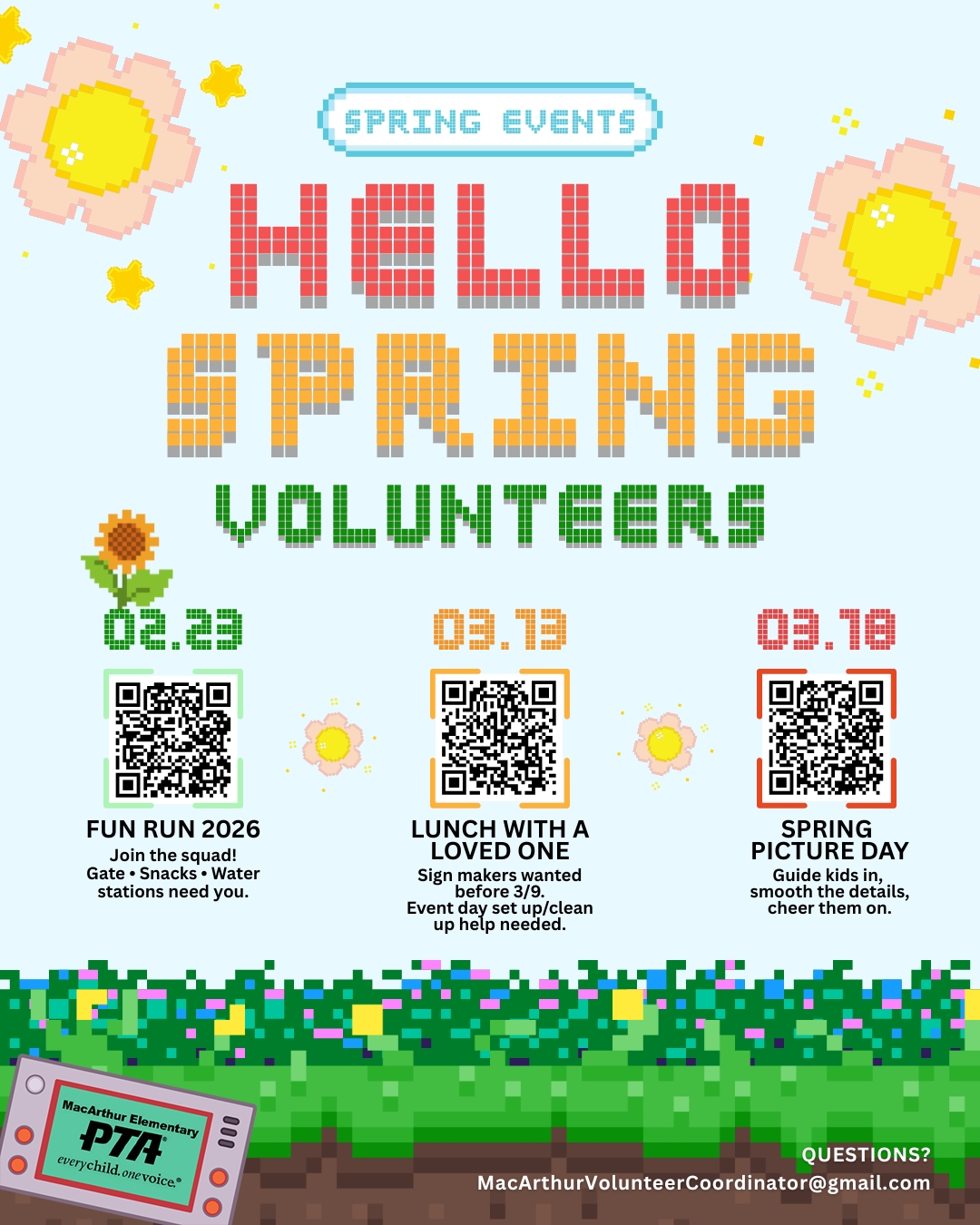 Side Quest Alert: Spring Volunteers Needed!
Our next levels are loading and we need player support to make these events EPIC!
📅 Fun Run — Monday, Feb 23
• Gate Greeters
• Water Tables
• Snack Table Helpers
📅 Lunch with a Loved One — Friday, March 13
• Help-from-home mission: Create welcome & directional signs (now–3/9)
• Day-of helpers needed for set-up & clean-up
📅 Spring Picture Day — March 18
• Guide students in
• Straighten collars
• Tame flyaways
• Encourage BIG smiles
🦅 All on-campus volunteers must be VIPPed
👉 Scan the QR code or use the link in our bio to sign up and join the volunteer squad
No experience needed — just school spirit and a willingness to jump in. Let’s power up these spring events together. GAME ON, MacArthur! 🦅🔥
#GameOnMacArthur #MacArthurPTA #VolunteerSquad #FunRun2026 #SpringEvents #SchoolVolunteers #VIPSVolunteer #EaglePride #PTAPowerUp #MacArthurElementary