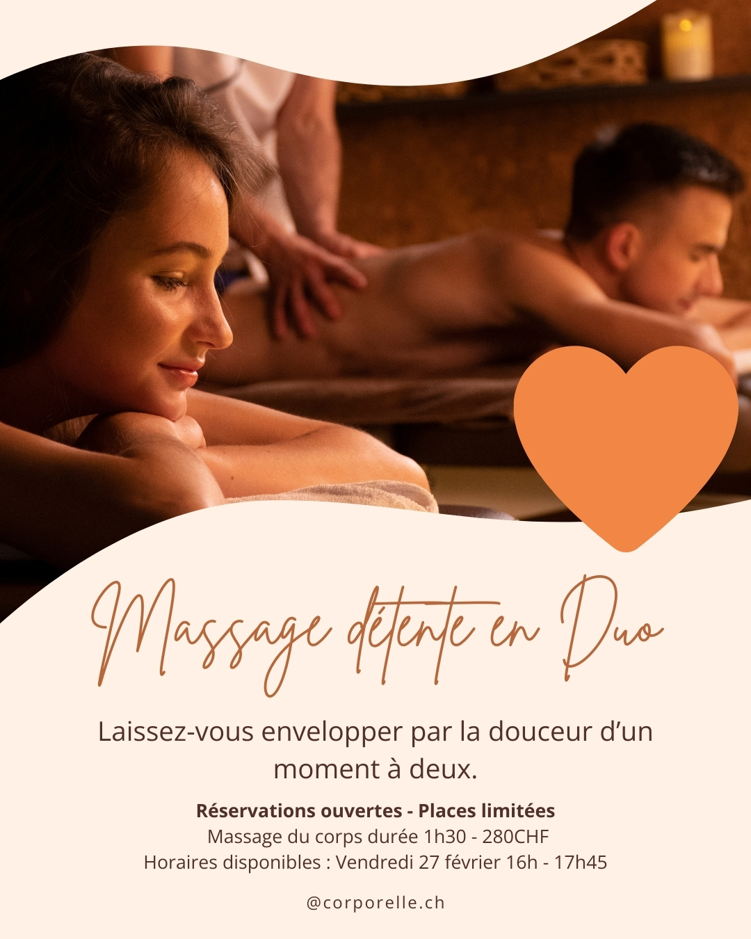 Massage détente en Duo 🤍
Offrez-vous une parenthèse de bien-être à deux.
Un moment hors du temps, placé sous le signe de la détente, de la douceur et du lâcher-prise, pour se retrouver et savourer pleinement l’instant présent.
🌸 Massage du corps en duo – durée 1h30
💫 Tarif : 280 CHF pour deux
🕰 Horaires disponibles : 27 février à 16h et 17h45
📩 Réservations ouvertes – places limitées
Nous nous réjouissons de vous accueillir et de prendre soin de vous.
Brigitte & Myriam 💕
📍 Cabinet Corporelle.ch – Brigitte Borloz – Hameau de la Gare - Les Diablerets
🌐 Réservation en ligne : www.corporelle.ch/reservations
📱 Pour me joindre : +41 77 481 02 85 ou email : info@corporelle.ch
Thérapeute agréée ASCA et RME (selon les soins)
@arcad_lesdiablerets
@diablerets
#massageduo
#lesormonts
#vaudbienetre
#detentevaud
#momentadeux
#douceur
#relaxation
#parenthesebienetre
#amourendouceur
#escapadevaudoise
#bienetreaeux
#instantsuspendu
#detenteenfamille