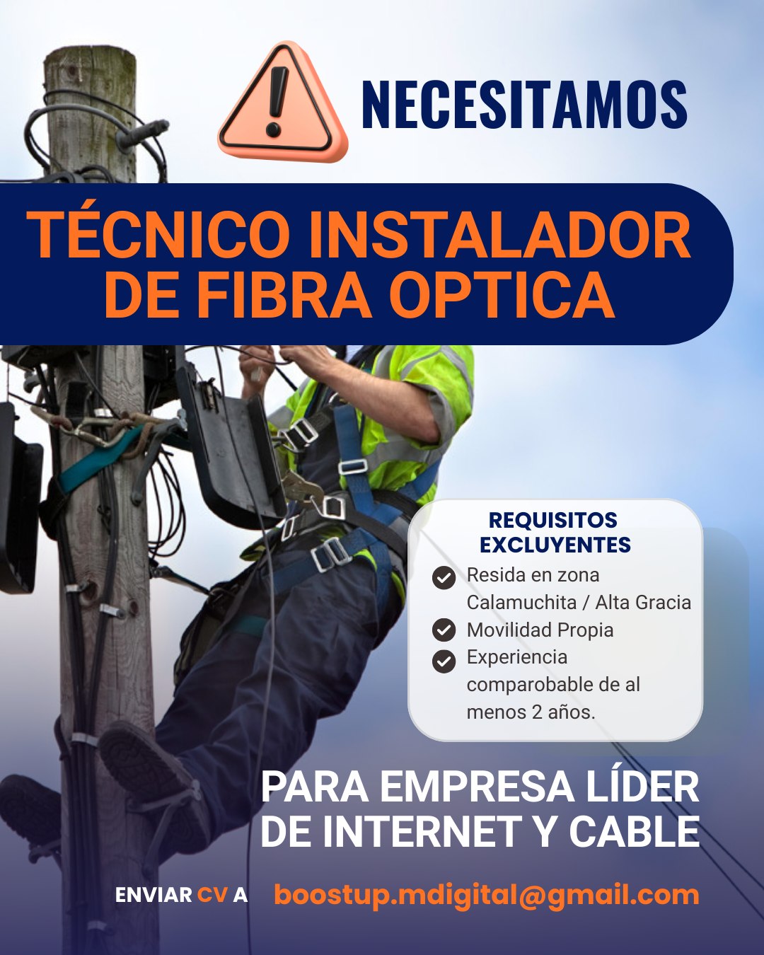 Buscamos instalador de Fibra Óptica zona #Calamuchita #AltaGracia,
#ofertaLaboral #empleo #Trabajo #ofertaDeTrabajo
🌎Link: https://www.boostup-marketingdigital.com/oportunidades-laborales-cordoba-argentina