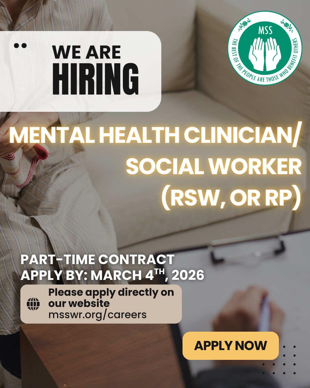 We're hiring a Mental Health Clinician / Social Worker (RSW or RP) on a part-time contract to support individuals and families in our community.
If you’re passionate about culturally responsive care and making a meaningful impact, we’d love to hear from you.
Apply by March 4, 2026 at msswr.org/careers or click the link in our bio.
Help us continue building safer, stronger communities.
#socialwork #mentalhealth #community #support