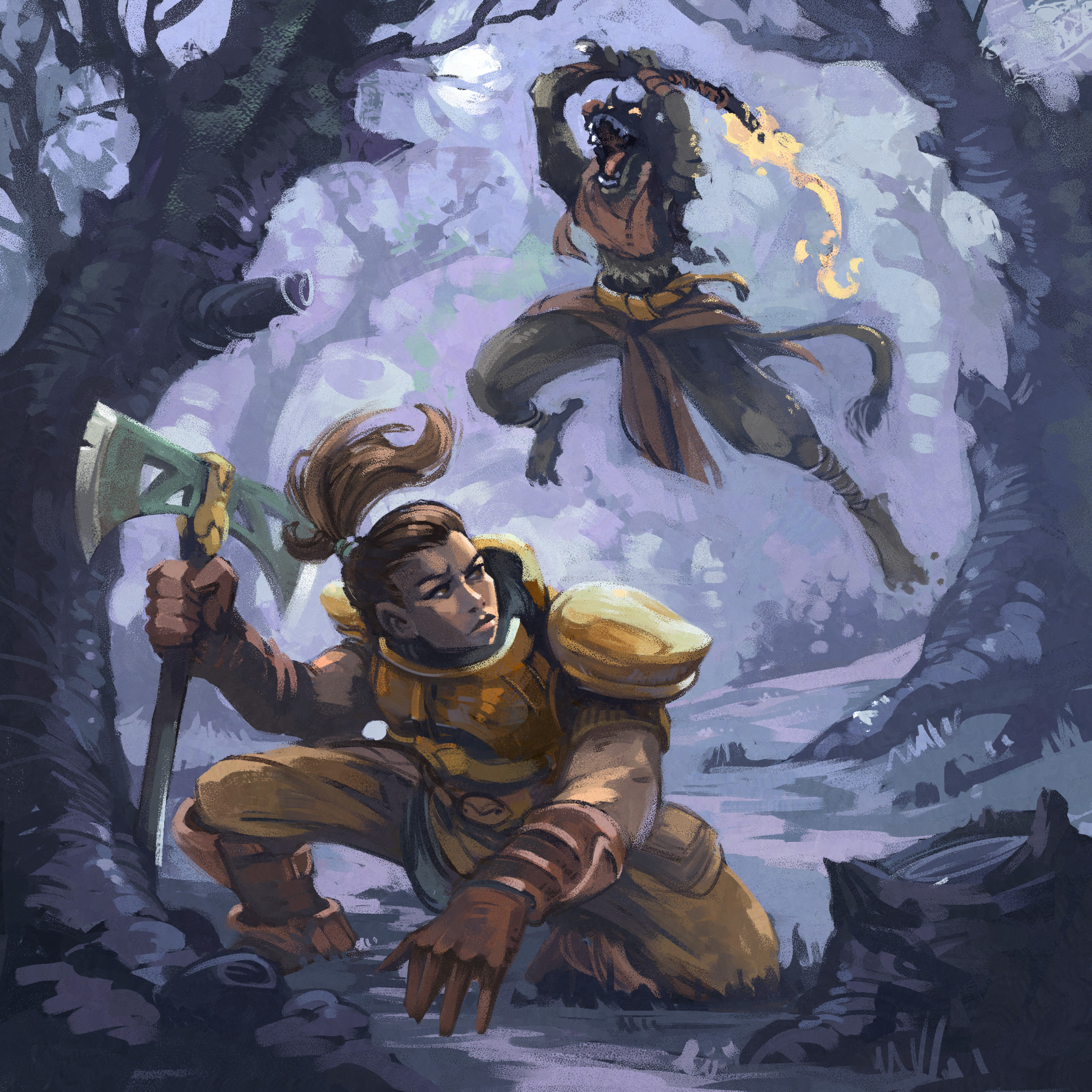 Ambushed—a piece of card art for: The Malice of Light Adventures by Twin Tale Studios
You can search for it on Gamefound, where it's actively fundraising, and about a quarter of the way to its goal