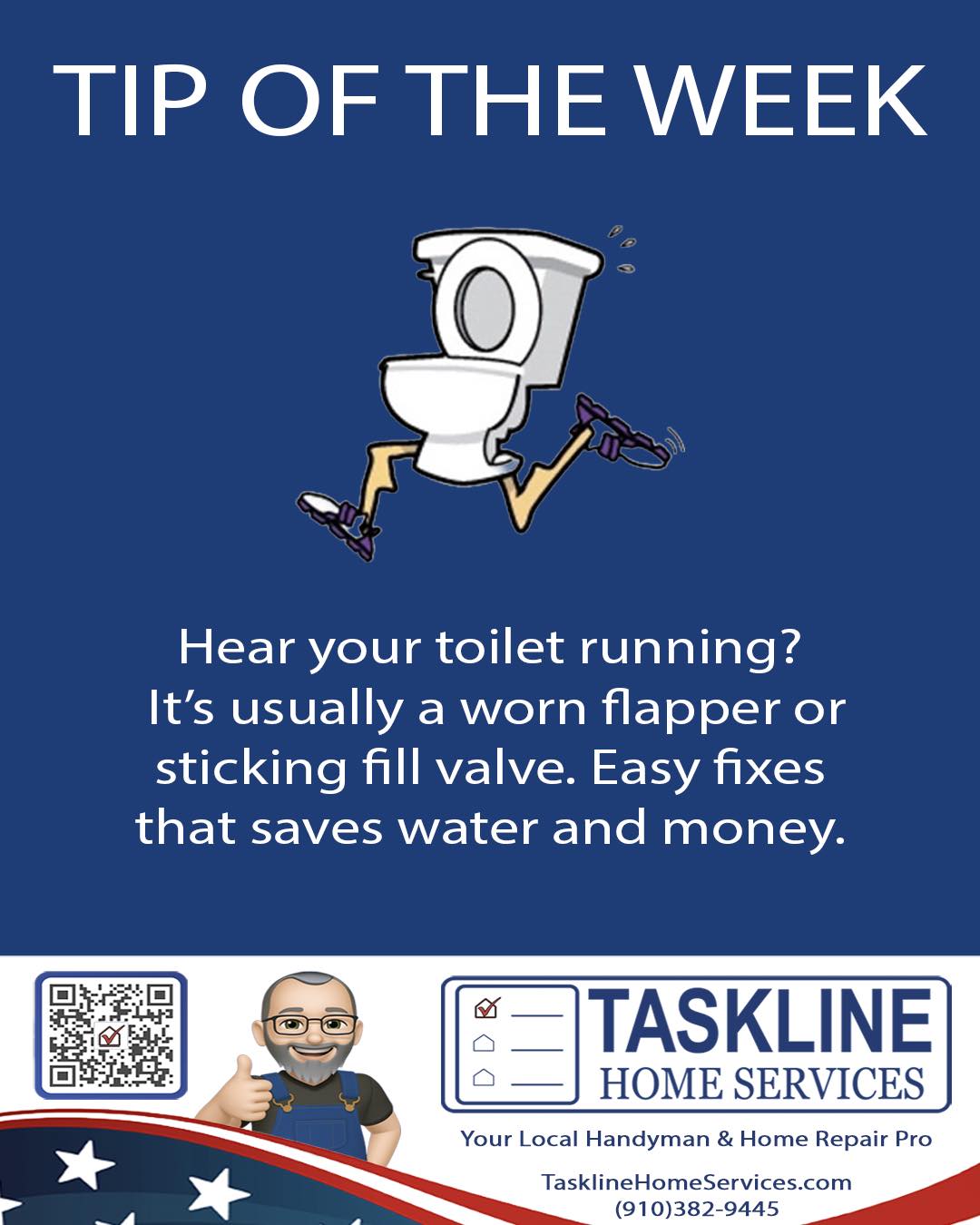 Tip of the Week: 🚽
A toilet that runs after every flush isn't "just annoying" - it's often a sign that the flapper or fill valve is wearing out.
Those two parts control how much water your toilet uses, and when they fail, your water bill can climb fast.
Catching it early keeps the repair cheap and prevents wasted water. I can diagnose the issue quickly if you're unsure what's causing it.
• #TasklineTip0fTheWeek
•#FayettevilleNC
• #HopeMillsNC
• #LocalHandyman
• #HomeMaintenance
• #PlumbingTips
• #RunningToilet
• #WaterConservation
• #QuickFix