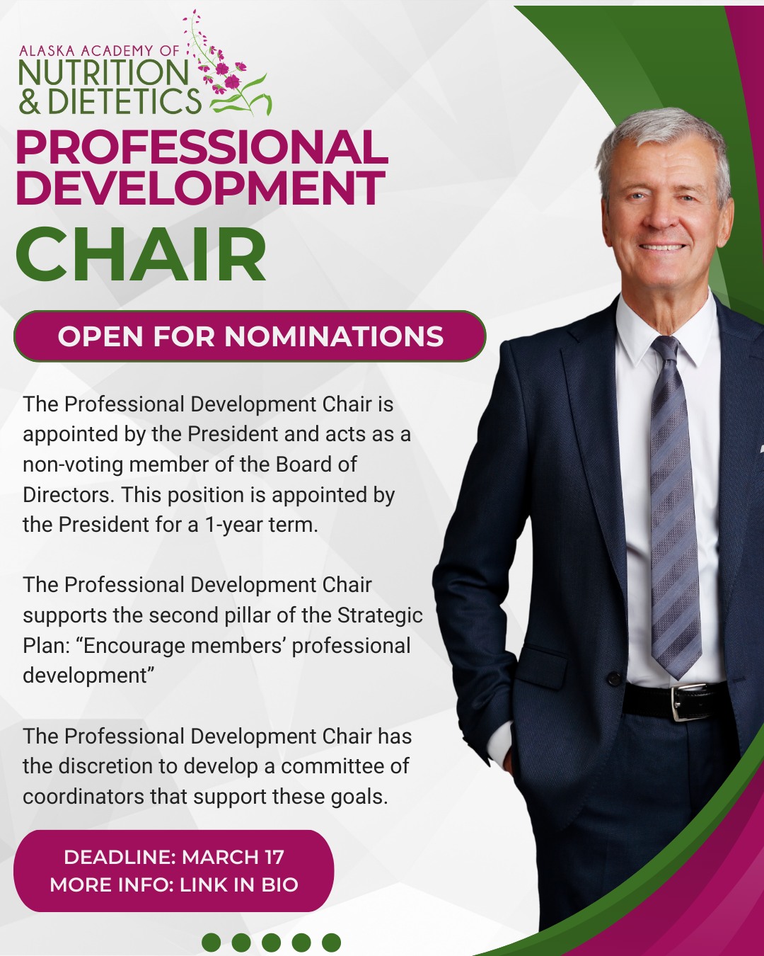 Deadline next Tuesday, March 17.
The Nominating Committee is looking for dedicated, enthusiastic, professional members of our affiliate to join the Executive Committee. We have a number of positions (voting and non-voting board positions). If you are interested in one of these positions, please type your name and email address in the position of interest.
For more information visit the link in bio.