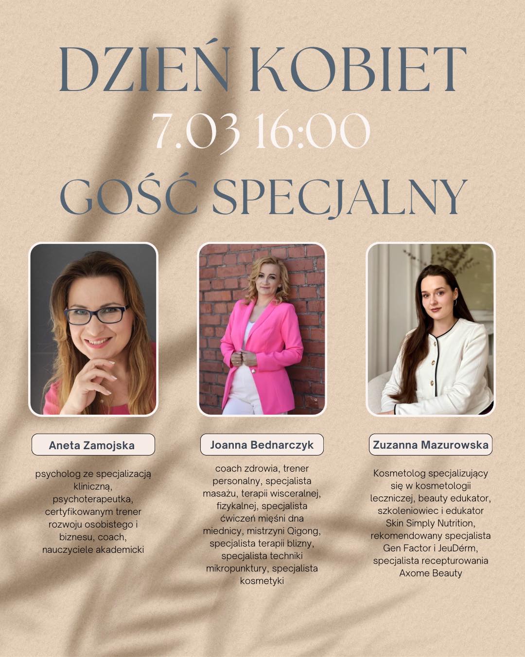 🌸 Dzień Kobiet „Kobieta w równowadze”
Zanurz się w ciszy.
Pozwól sobie na głęboki odpoczynek.
Wróć do siebie w pełni. 🩷
„Kobieta w równowadze” to ekskluzywne doświadczenie stworzone dla kobiet, które pragną zatrzymać się poza codziennością i otulić się spokojem, uważnością oraz komfortem na najwyższym poziomie.
W starannie zaprojektowanym programie:
✨ kameralne warsztaty rozwojowe dla kobiet,
✨ prowadzone sesje świadomego oddechu,
✨ głęboko regenerująca joga nidra,
✨ mini konsultacja beauty
• świadoma pielęgnacja
• troska zamiast „naprawiania”
• wsłuchiwanie się w potrzeby skóry
✨ czas na ciszę, refleksję i prawdziwe „bycie”
✨ 20% zniżki na metaterapię dla uczestniczek wydarzenia
To przestrzeń subtelnej transformacji – bez pośpiechu, bez presji, z pełnym szacunkiem dla Twojego rytmu.
Każdy element został dobrany tak, aby ukoić zmysły, wyciszyć umysł i przywrócić naturalną harmonię ciała i emocji.
🌿 Kameralna grupa
🌿 Ekskluzywna lokalizacja
🌿 Holistyczna opieka i atmosfera bezpieczeństwa
☕ POCZĘSTUNEK
Lekki, przyjemny czas na rozmowy, integrację i bycie razem.
💗 Dla kogo?
Dla kobiet, które chcą:
• wzmocnić relację z samą sobą
• odpocząć psychicznie i fizycznie
• spojrzeć na piękno z łagodniejszej, zdrowszej perspektywy
👉 Podaruj sobie luksus, który zaczyna się od uważności.
👉 Doświadcz równowagi, na jaką zasługujesz.
🌸 Kiedy?
7 marca 2026 godz. 16:00
🌸Gdzie?
Blue Tori Spa
ul.Wojska Polskiego 89 Ełk
🌸 Koszt?
150 zł
🌸 Kto poprowadzi?
Aneta Zamojska - nasz gość specjalny
Joanna Bednarczyk & Zuzanna Mazurowska
Zapisy w wiadomości prywatnej lub telefonicznie • na wydarzenie prosimy zabrać ze soba matę do ćwiczeń i kocyk • wydarzenie odbędzie się przy minimum 10 zapisanych osobach 🙏