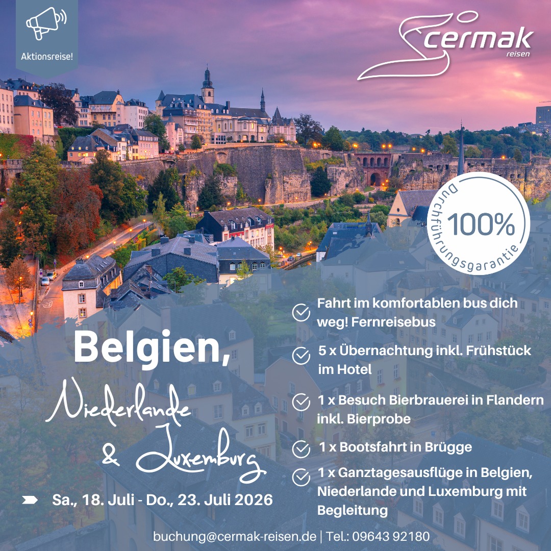🌍 Benelux entdecken – 3 Länder, 6 unvergessliche Tage! 🇧🇪🇳🇱🇱🇺
Du willst Kultur, Geschichte, Genuss & faszinierende Städte erleben? Dann ist unsere Rundreise durch Belgien, die Niederlande und Luxemburg genau das Richtige für dich! ✨
🚍 6 Tage voller Highlights:
⭐ Start im charmanten Luxemburg – beeindruckende Landschaften & historische Altstadt
⭐ Weiter nach Belgien – Erkunde die pulsierende Hauptstadt Brüssel, die mittelalterlichen Gassen von Brügge, das lebendige Gent und das elegante Antwerpen
⭐ Erlebe die Niederlande hautnah – von historischen Städten bis zu typischen holländischen Kulinarik-Momenten
🍫 Genuss & Geschichte inklusive – ob belgische Schokolade, holländische Stroopwaffeln oder kulturelle Meisterwerke – diese Reise vereint Vielfalt, Atmosphäre und unvergessliche Momente.
📅 Termin: Sa, 18. Juli – Do, 23. Juli 2026
💶 Preis ab: nur € 899 p. P.
📍 Mit Einstiegstellen in deiner Nähe uvm.
👉 Jetzt buchen & Urlaubsträume wahr machen:
✉️ buchung@cermak-reisen.de
📞 +49 (0)9643 92180
#Reisen #Benelux #Luxemburg #Belgien #Niederlande #Busreise #CERMAKReisen