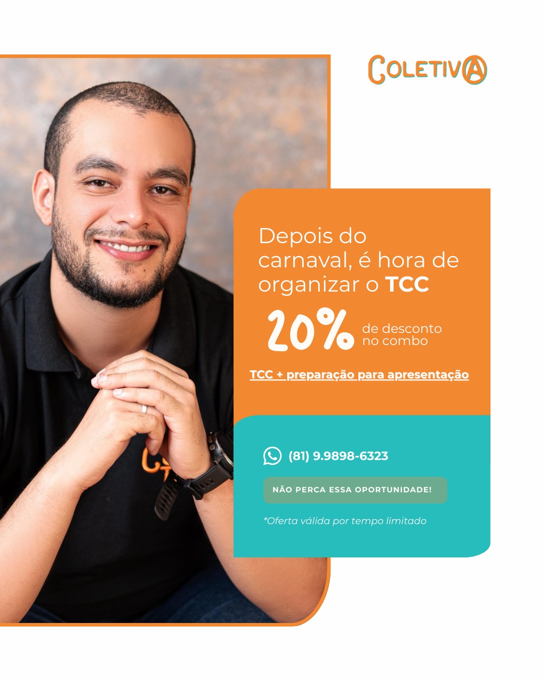 A folia passou e agora o foco é total no diploma! 🎊➡️🎓
Sabemos que recomeçar pode ser difícil, por isso preparamos o empurrãozinho que faltava para você tirar o seu TCC do papel com segurança e tranquilidade.
Garanta o combo TCC + Preparação para Apresentação com um desconto especial de 20%! Do planejamento do projeto até o treinamento para a banca, a Coletiva está com você em cada detalhe.
O semestre voa, então não deixe para a última hora!
Clique no link da bio ou mande um direct para garantir seu desconto.
#TCC2026 #PosCarnaval #Aprovação #ConsultoriaAcademica #Coletiva