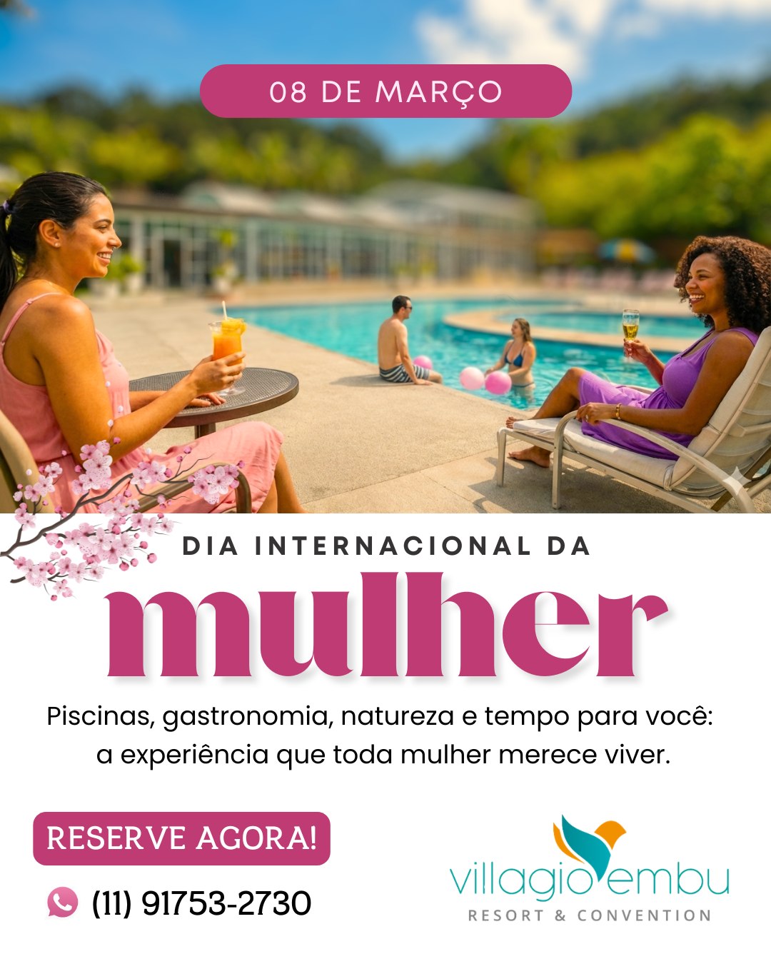 ✨ 08 de março Dia Internacional da Mulher.
O Dia Internacional da Mulher pode ser mais do que uma data — pode ser uma experiência de cuidado, pausa e conexão com você mesma.
No Villagio Embu Resort & Convention, cada detalhe convida para viver dias leves: piscina aquecida, natureza ao redor, gastronomia especial, espaços para relaxar e tempo de qualidade com quem faz você se sentir bem.
💆♀️ Um fim de semana para desacelerar
🌿 Um refúgio perto de São Paulo
🥂 Experiências pensadas para celebrar o seu momento
Ainda dá tempo de fazer sua reserva e transformar a data em uma memória inesquecível.
#DiaDaMulher #HospedagemSP #VillagioEmbu #RefugioPertoDeSP #ViagemEntreAmigas #Autocuidado #TurismoDeBemEstar #HotelFazendaSP #ExperienciasQueConectam