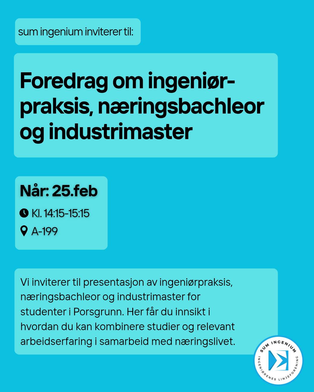 Vil du kombinere studier med relevant arbeidserfaring?
Bli med på en presentasjon av Industrimaster, Næringsbachelor og Ingeniørpraksis for studenter i Porsgrunn.
📅 25. februar
⏰ 14.15–15.15
📍 B‑199
👥 Åpent for alle
#ingenium #usn #usnporsgrunn #student #ingeniør #porsgrunn