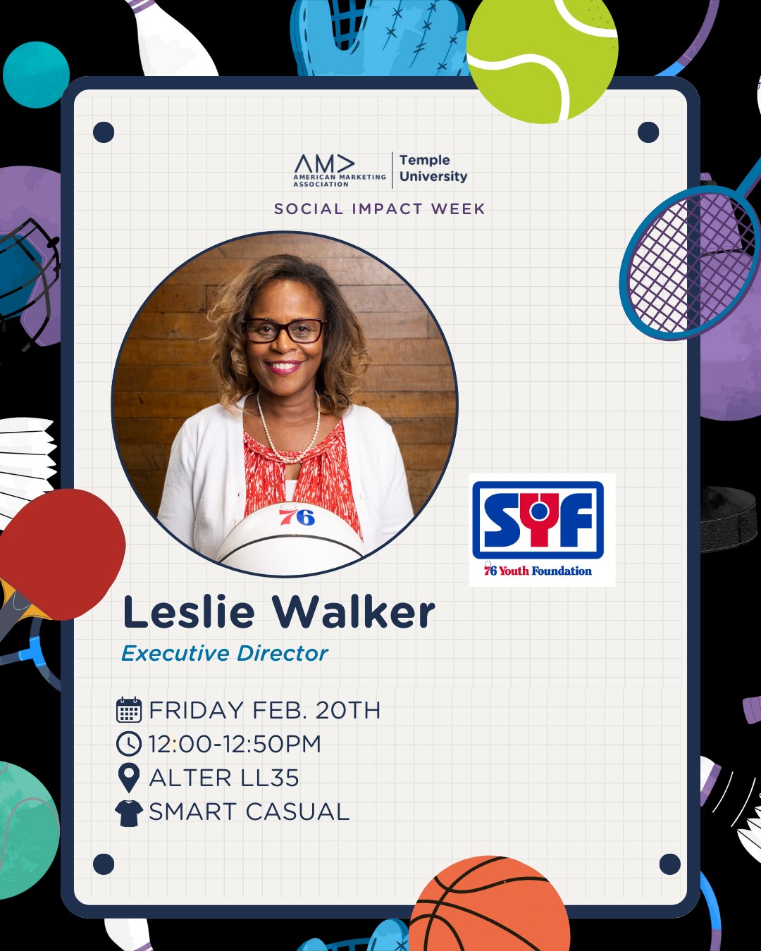 🎉 FINAL DAY of Social Impact Week!
Join us TODAY in Alter LL35 from 12–12:50PM and hear from Leslie Walker, Executive Director of the Sixers Youth Foundation, on how sports can create real change for youth and communities. 🏀❤️
Learn. Connect. Get inspired.
#TUAMA #SocialImpactWeek #ScoringBig #TempleMade #CommunityImpact