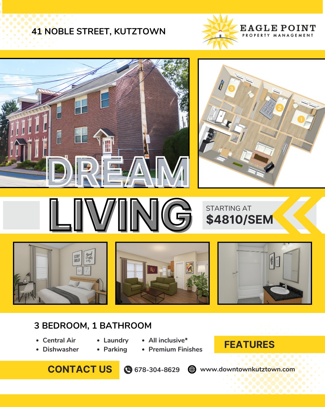 📢 BACK ON THE MARKET FOR NEXT SCHOOL YEAR!!!
Experience dream living in this 3-bedroom, 1-bathroom off-campus student apartment, fully remodeled as of summer 2026. All inclusive utilities, in-unit laundry, dishwasher, large walk-in shower, central air, & free parking are just some of the amenities that await you. Contact us today at 678-304-8629 to schedule a showing before this one is gone! #downtownkutztown #eaglepoint #livehowyouwantto #KU #kutztownuniversity #GoldenBears #collegelife #offcampushousing #EPPM