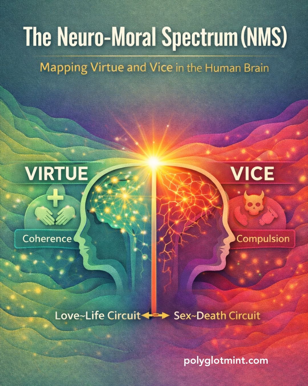 Virtue and vice aren’t just “choices.” They’re states your nervous system can slip into.
The Neuro-Moral Spectrum maps morality as a continuum between two measurable orientations: the Love–Life Circuit (coherence) and the Sex–Death Circuit (chaos). Courage is the integrative midpoint — arousal held inside coherence.
Read it on polyglotmint.com (search: Neuro-Moral Spectrum)
Medium version drops Wednesday.
#Psychomedia #Consciousness #Neuroscience