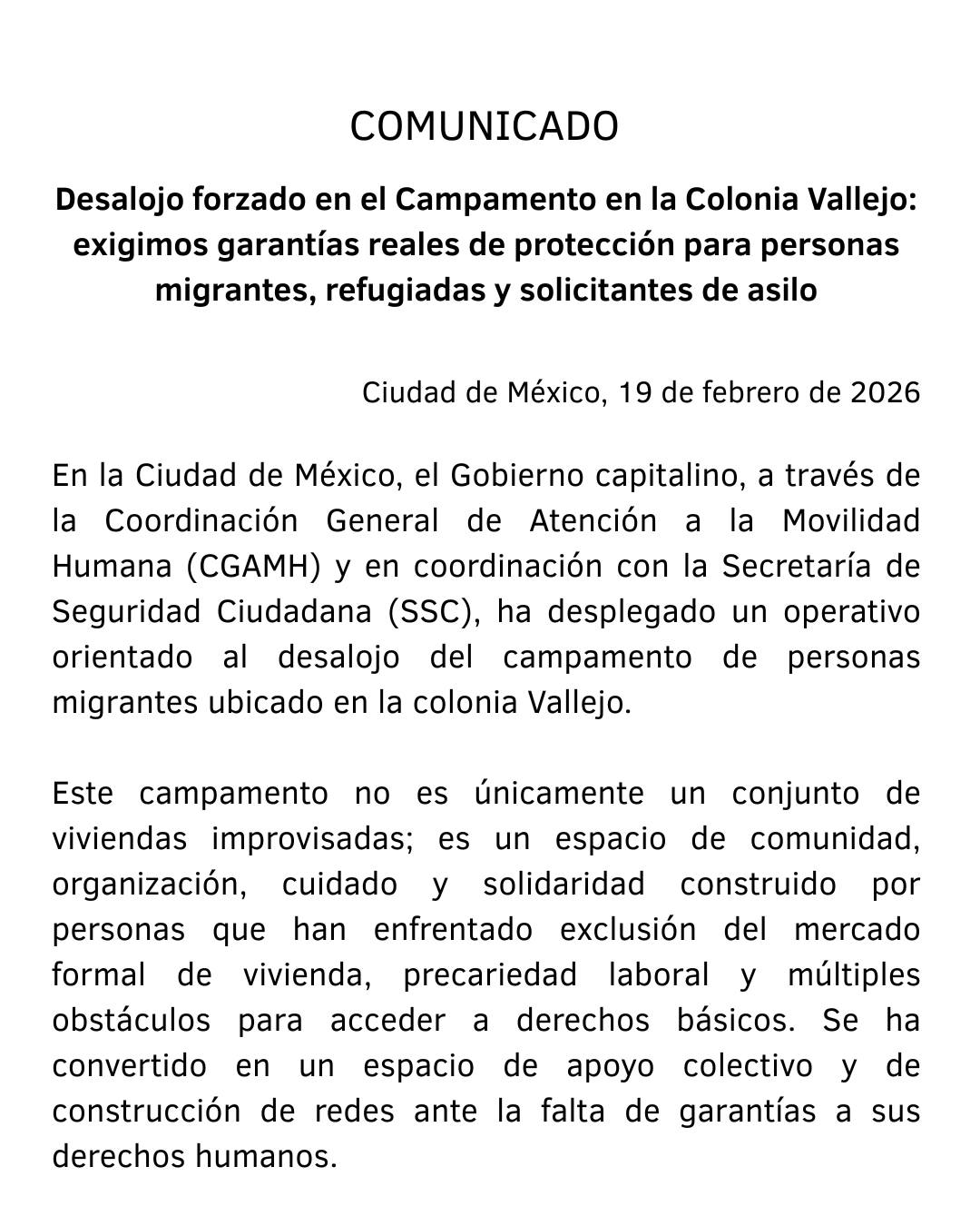Desde Casa Refugiados expresamos nuestra solidaridad y preocupación ante la posible situación de desalojo que enfrentan personas y familias en movilidad que actualmente permanecen en el campamento.
Reconocemos la incertidumbre que esta situación puede generar. En momentos como este, reafirmamos nuestro mensaje y convicción: solidaridad ante la incertidumbre.
Reiteramos la importancia de que cualquier medida considere el respeto a los derechos humanos, la dignidad y el bienestar de las personas, especialmente de niñas, niños y personas mayores.
Como organización, mantenemos nuestro compromiso de acompañamiento y orientación para promover soluciones humanitarias.
