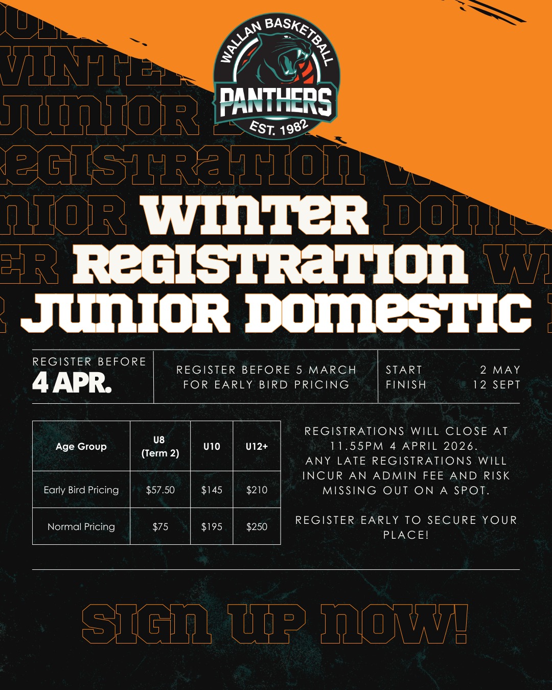 ๐พ๐ JUNIOR DOMESTIC โ WINTER REGISTRATIONS NOW OPEN! ๐๐พ
Itโs time to lock it in for winter basketball! ๐๐ค
๐ EARLY BIRD PRICING RUNS OUT SOON! Register before 5 March to secure early bird pricing
Hereโs whatโs new ๐
โจ Under 8s are now TERM-BASED โ this better supports our Aussie Hoopers and helps them grow, learn, and love the game
โจ We are no longer running an Under 19 completion. Players born 2010 and 2009 will now need to register for Senior Domestic โ this means players need to create their own teams, provide their own jerseys and will play on a Sunday night.
โจ Training will continue in our Winter season
โฐ All registrations close 4 April! Please be aware that all late registrations will incur an administration fee and you may miss out on a spot
Important reminder: We strongly encourage all players to take out Basketball Victoria insurance to cover any registration cancellations.
Spots fill fast โ donโt wait! ๐
SIGN UP NOW! https://www.playhq.com/basketball-victoria/org/wallan-basketball-inc/ab9b3e8b/register
#PantherPride #JuniorDomestic #WinterBasketball #WallanPanthers #EarlyBird