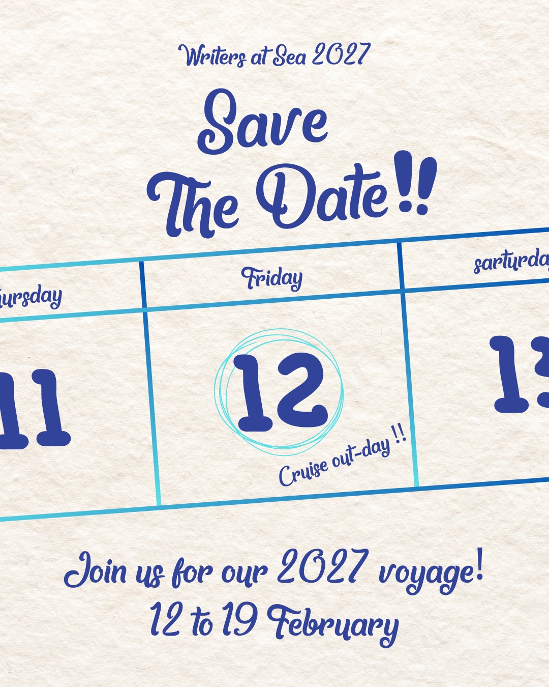 Watching all the Writers at Sea content and feeling a little FOMO? 🌊 ✍️
Imagine sailing the ocean with fellow writers while learning from bestselling authors Alli Sinclair and T.M. Clark.
If you’re wishing you were there… here’s your sign.
📅 Mark your calendar for 2027, so you won’t want to miss chance for the next Writers at Sea.
#WritersAtSea #AmWriting #WritersLife #AuthorLife #WritingCommunity #CreativeWriting #WritersWorkshop