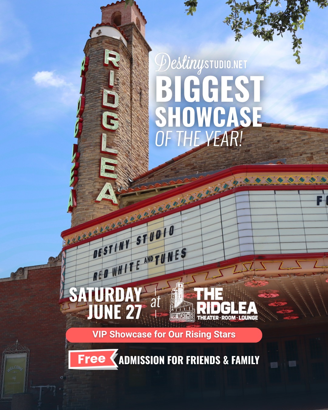 🇺🇸 80 spots. One legendary stage. Enrollment is open NOW!
This summer, we’re heading back to one of our all-time favorite venues — the iconic Ridglea Theater! Don't miss our Red, White & Tunes Showcase on June 27
Originally built in 1950, this historic Fort Worth gem is known for its grand architecture, vintage charm, and electric atmosphere. And our students get the full rockstar experience with stage lights, professional sound, and a crowd that brings the energy. This is not your average recital.
Only 80 performance spots are available, and they will go fast.
✨ Showtimes (All Ages): 10AM, 12PM, 3PM, 5PM
🔥 7PM Show (Ages 16+ only — performers 16+ may perform in any show, but the 7PM show is reserved for 16+)
Link in bio to register!
Open to current students in Aledo & Mansfield only.
Big stage. Big energy. A summer they’ll never forget. Who’s claiming a spot?😎
#dfwmusiclessons #musiclessons #ridgleatheater