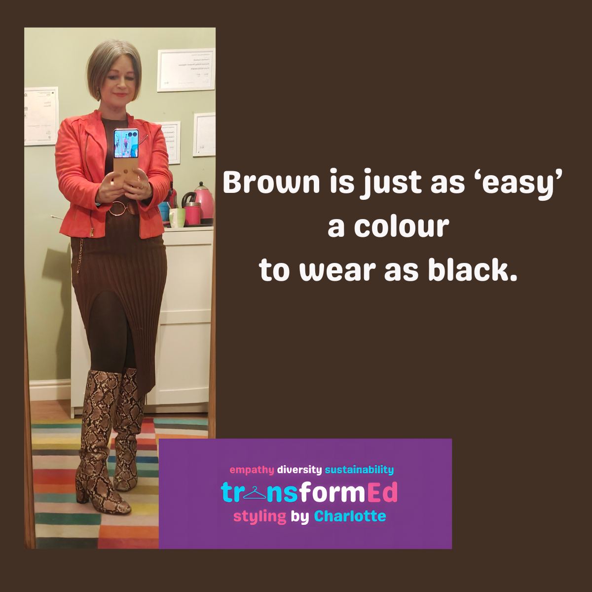 People often default to wearing black because it's 'easy'. Black isn't as 'easy' on my complexion as brown, which can be just as versatile. I added this coral-red jacket the other evening but could have paired the dress with lots of other colours.
โฅ
Dress and jacket preloved
Boots 6 years old (model 52 years older than the boots!)
โฅ
#colouranalysishull #mybestcolours #personalstylisthull #SustainableStyle #sustainablestyle