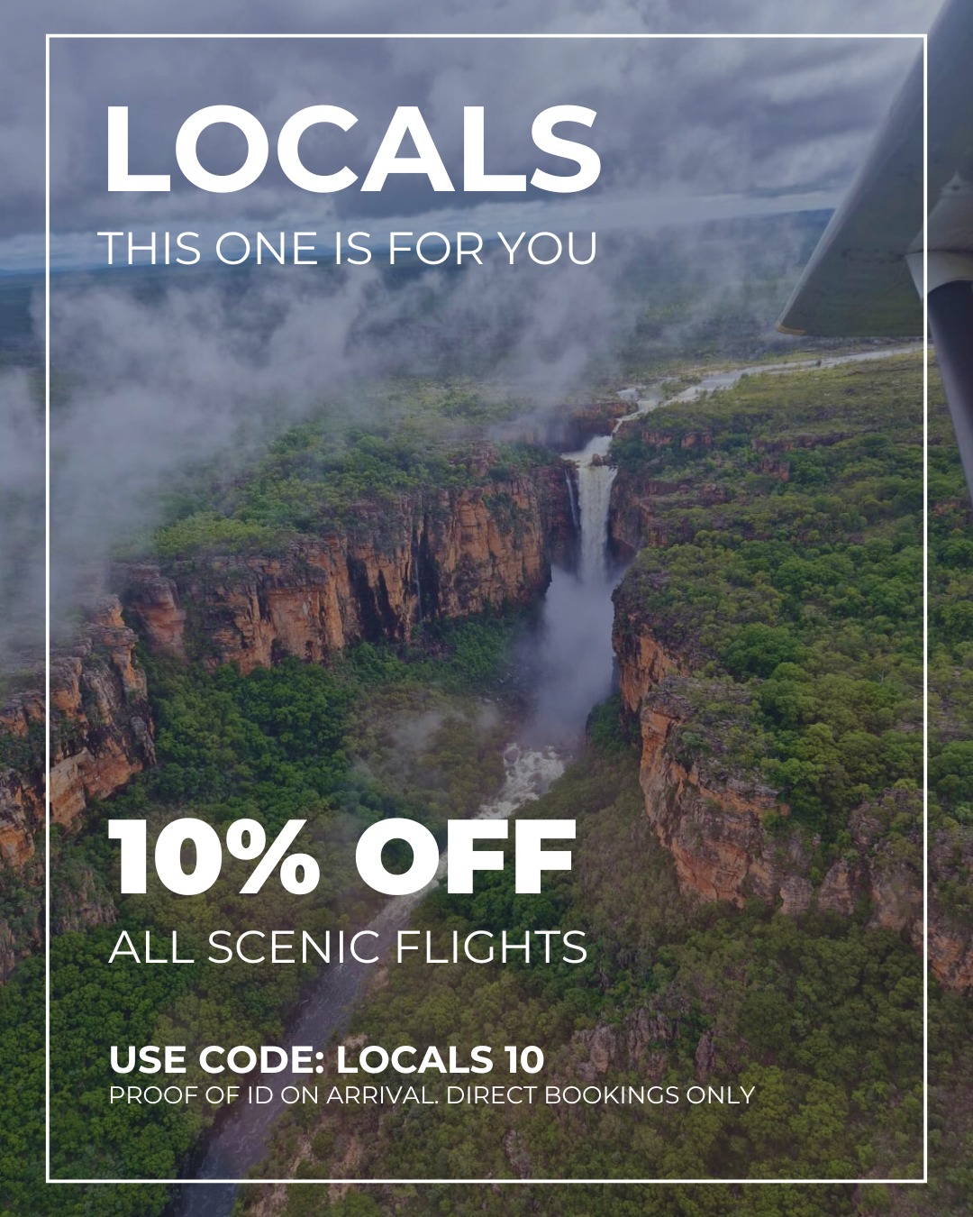 We love our locals!
From now until 13 April, locals receive 10% off. It’s the perfect excuse to enjoy your own backyard before the crowds arrive.
Use code LOCAL10 when booking at KakaduAir.com.au or give us a call on 1800 089 113.