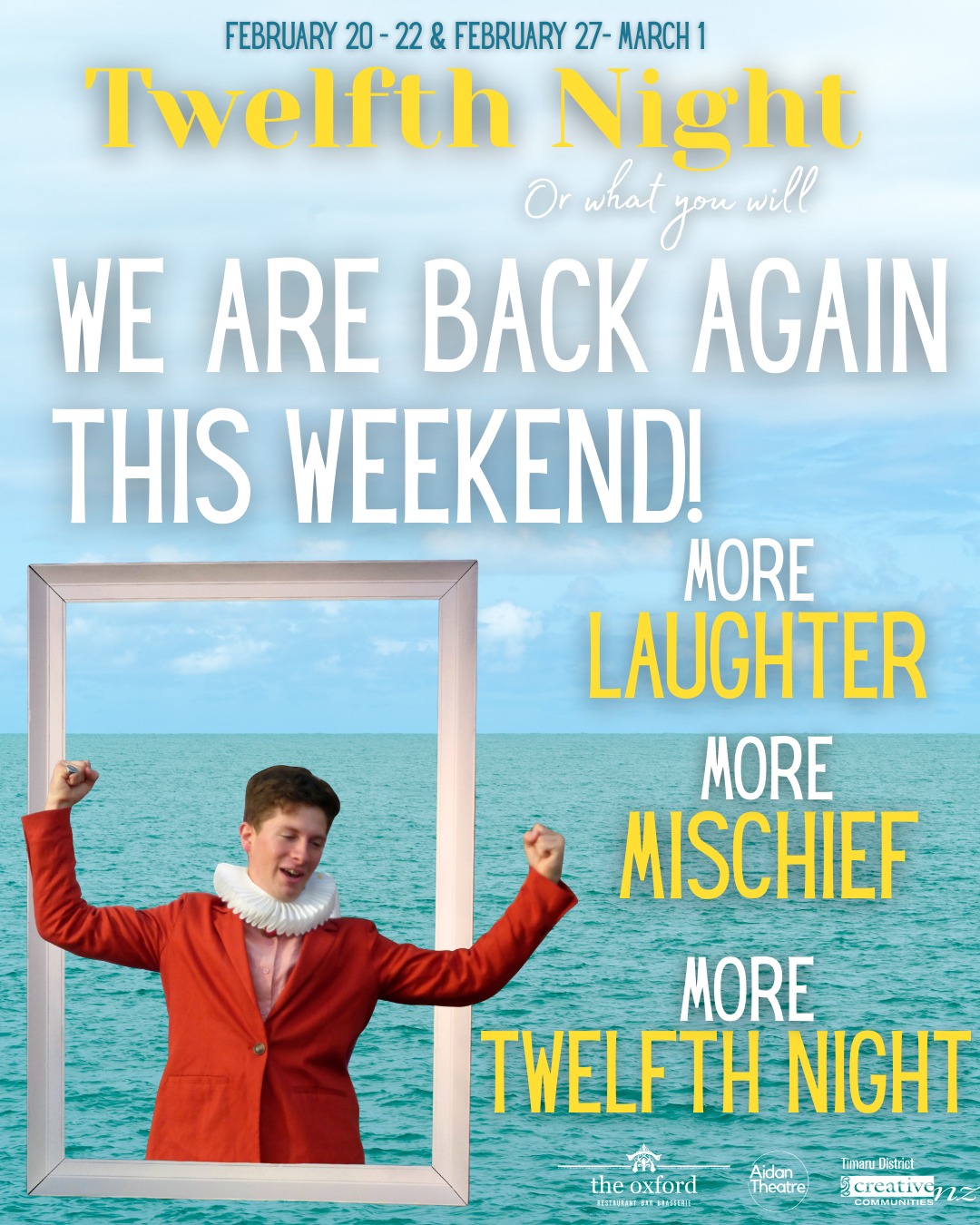 Weekend Two begins tomorrow 🎭
After an unforgettable opening weekend (and a little weather-fuelled drama 🌦️), we’re ready to do it all again! More laughter, more mischief, and more Twelfth Night!
Bring your friends and whānau, pack a picnic , and join us at the Sound Shell for a weekend of live theatre by the sea.
We can’t wait to welcome you back ! or see you for the very first time!
🌊💙☀️🎶💌
🎟️ Tickets available NOW at: https://events.humanitix.com/twelfth-night-3sp4mddm
#whatsontimaru #timaru #aidantheatrecompany #twelfthnight #shakespeare