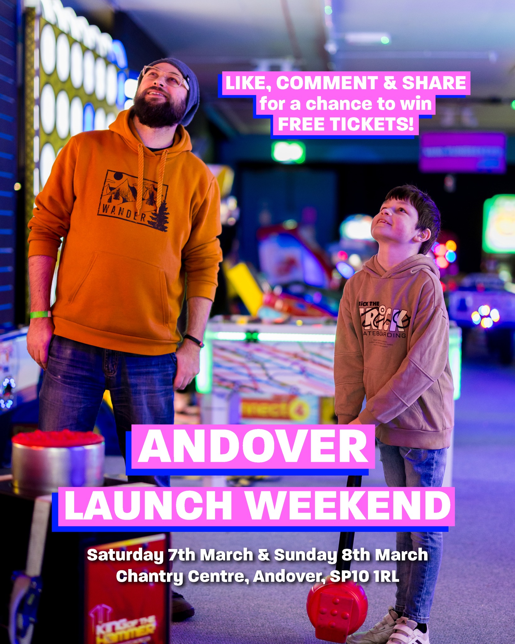 **CLOSED - Winners have been contacted!**
🎉 WIN FREE TICKETS to High Score Andover's launch weekend! 🎉
How to enter:
❤️ Like this post
🔁 Share this post
✍🏼 Tag who you'd bring along with you!
📅 Date: 7th & 8th March
📍Location: High Score Arcades, Unit 16-18, Chantry Centre, Chantry St, Andover, SP10 1RL
We'll be giving away pairs of tickets & Family tickets.
The winners will be contacted on Monday 2nd March via our official pages – please be aware of scammers, we will never ask for your payment information in order to claim your prize. Good luck! 🍀