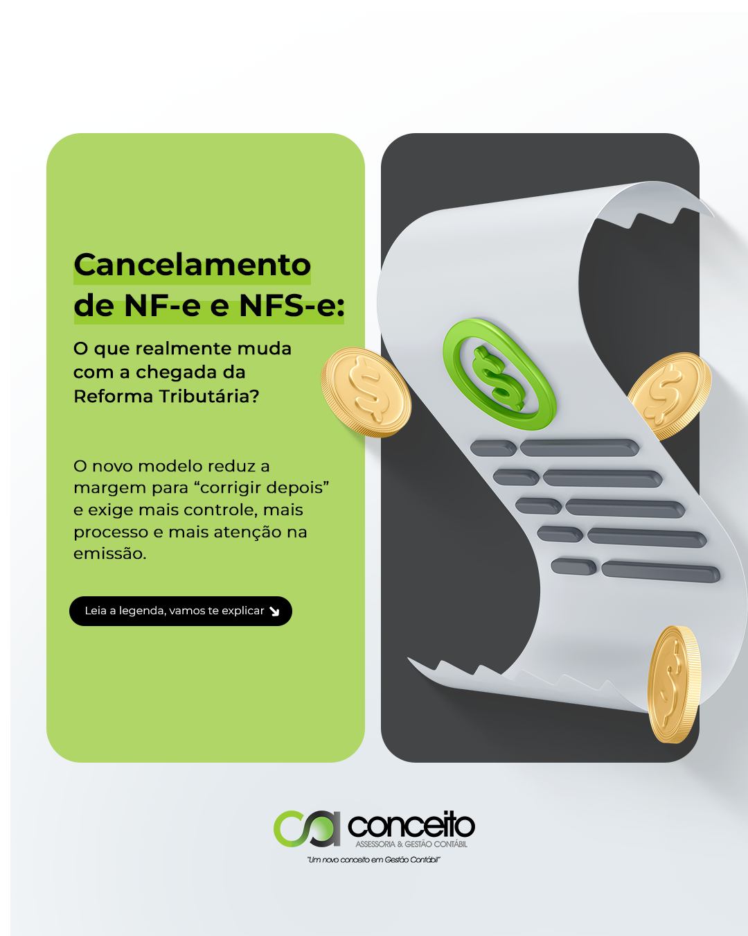 A era de emitir errado e cancelar depois está com os dias contados.
Com a implementação da Reforma Tributária, a dinâmica de emissão de Notas Fiscais (NF-e e NFS-e) vai exigir uma precisão cirúrgica das empresas.
A grande mudança acontece por conta do novo modelo de apuração e arrecadação do IBS e da CBS. Como o sistema visa ser muito mais integrado e, em muitos casos, com o recolhimento do imposto acontecendo no momento da liquidação financeira (split payment), o Fisco terá controle em tempo real da operação.
Isso significa que o tempo e a facilidade para cancelar uma nota emitida com erro serão drasticamente reduzidos.
O que a sua empresa precisa fazer hoje:
🔹 Revisar cadastros: Um cadastro de produto ou serviço errado vai gerar uma nota errada, que será muito mais difícil de estornar.
🔹 Treinar a equipe: O setor de faturamento não pode mais operar no "piloto automático" ou com a mentalidade de "depois a contabilidade arruma".
🔹 Atualizar sistemas: Seu ERP precisará estar perfeitamente parametrizado com as novas regras de transição.
Emitir nota fiscal passará a exigir muito mais controle e processo. Erros operacionais vão custar caro e podem travar o fluxo de caixa do seu negócio.
Sua empresa já está revisando os processos de faturamento para a Reforma Tributária? Nós podemos te ajudar a organizar essa transição com segurança.
#ConceitoContabilidade #ReformaTributaria #NFe #NFSe #GestaoFiscal #ContabilidadeConsultiva #Empreendedorismo #IBS #CBS #GestaoDeNegocios #Faturamento