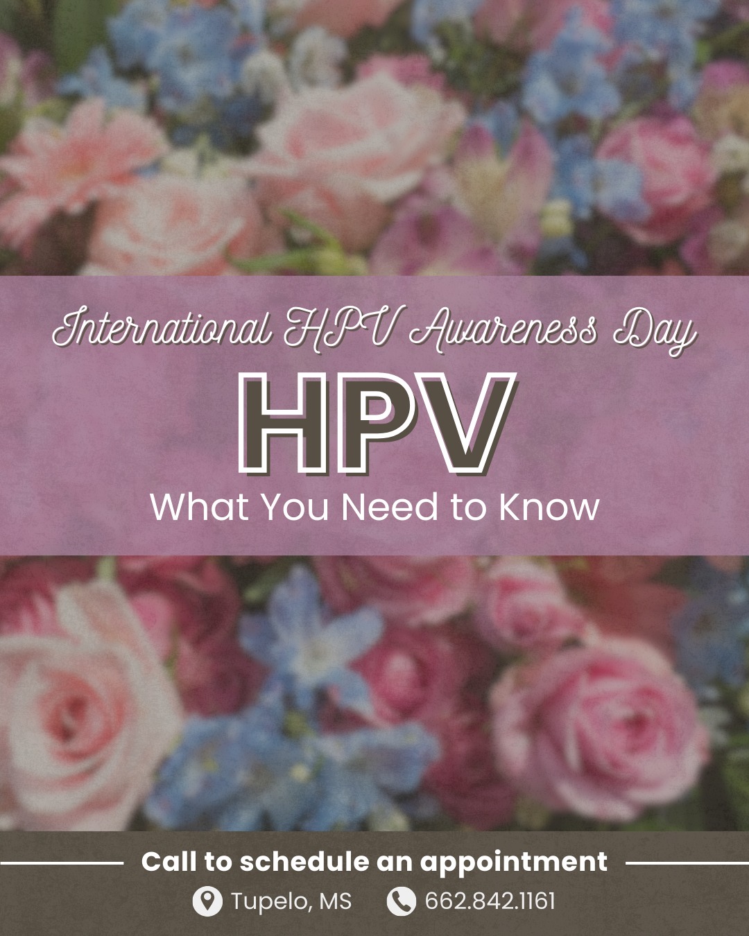 HPV is common, but with awareness, screening, and prevention, its risks can be managed. 💙
This International HPV Awareness Day, we’re encouraging patients to stay informed, keep up with routine screenings, and talk with their provider about HPV testing and vaccination options.
📞 Call 662.842.1161 to schedule your appointment.
📍 1793 Cliff Gookin Blvd, Tupelo, MS 38801
-
#OBGYNAssociates #TupeloOBGYN #TupeloMS #OBGYN #WomensHealth #InternationalHPVAwarenessDay #HPVEducation #CervicalHealth #PreventiveScreening #PapSmearAwareness #HPVPrevention