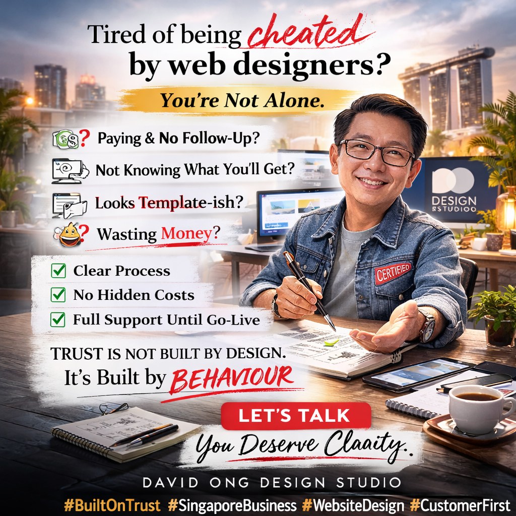 Let me say something honestly.
Many business owners are not afraid of building a website.
They are afraid of being cheated.
They are afraid of:
• Paying and not hearing back
• Not knowing what they are getting
• Getting something that looks “template-ish”
• Wasting hard-earned money
If that’s you, you’re not alone.
Over the years, I’ve heard this same concern again and again.
That’s why I explain everything clearly before we start.
No hidden structure.
No surprise costs.
No disappearing after payment.
Trust is not built by design.
It is built by behaviour.
If you’ve been hesitating to build your website because of fear,
let’s talk.
You deserve clarity.
— David Ong Design Studio
#BuiltOnTrust #SingaporeBusiness #WebsiteDesign #CustomerFirst #DavidOngDesignStudio