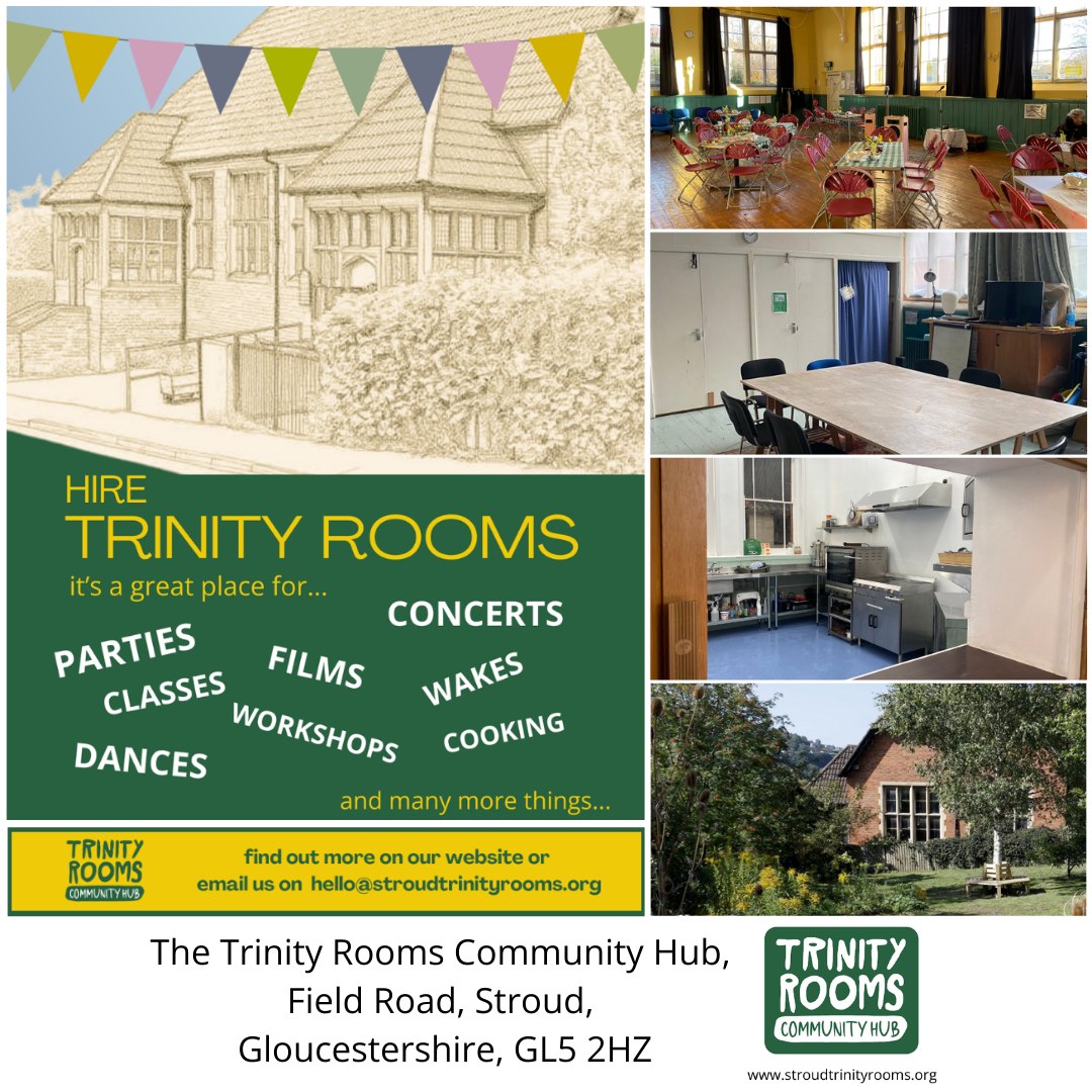 Our space makes a great place for you! Whether you need a one off venue or a regular room why not hire our TRINITY ROOMS Community Hub. Both individual and multiple areas can be booked (subject to availability). Plus by choosing us you help support us in running and maintaining the building.
All information can be found on our website (via link in bio) or visit the Room Hire Page direct at the following link:
www.stroudtrinityrooms.org/rooms
#Stroud #VenueHire #SaveOurSpace #Community #SupportingLocal #Painswick #Amberley #Chalford #Ebley #Nailsworth #Family #Friendship #Minchenhampton #Events #Connection #Gloucestershire