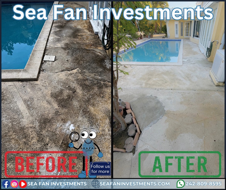 Brighten up your pool patio with Sea Fan Investments!
Want to learn more? Check out our blog on pressure washing:
https://www.seafaninvestments.com/post/what-is-pressure-washing
We don't just pressure clean! We are your soft washing professionals and provide complete exterior cleaning solutions! Concrete cleaning, house washing, roof cleaning, driveways, windows, decks, docks, pool surrounds, patios, surface sealing, paver restoration, and much more.
We have cleaned homes of all sizes, multi family properties, businesses, school campuses, churches, gas stations, apartment complexes, and manufacturing facilities. Big or small, we've cleaned it all. What can we clean for you?
We are always looking for ways to help you manage and maintain your investment.
We service Freeport, Grand Bahama 🇧🇸🇧🇸🇧🇸 and cater to all your property management needs.
Visit our website https://www.seafaninvestments.com/
Check us out on Google https://maps.app.goo.gl/FtLupz7nk7yhbf917
Follow us on Facebook https://www.facebook.com/SeaFanInvestments
Follow us on Instagram https://www.instagram.com/seafaninvestments/
Watch and subscribe to us on YouTube
https://www.youtube.com/channel/UCNAsDyoYIpteVf6pDe5iCQw
#pressurewashing #softwashing #roofcleaning #housewash #deckcleaning #DockCleaning #seafaninvestments #guttercleaning #drivewaycleaning #concretecleaning #soffitcleaning #sealing #stuccocleaning #poolsurroundcleaning #brickcleaning #stonecleaning #commercialroofcleaning #paversealing #dumpstercleaning #woodcleaning #oilremoval #oxidizationremoval #rusttreatment #graffitiremoval #windowcleaning #commercialcleaning #parkinglotcleaning #patiocleaning #pressurewashinggrandbahama #pressurecleaningfreeportbahamas