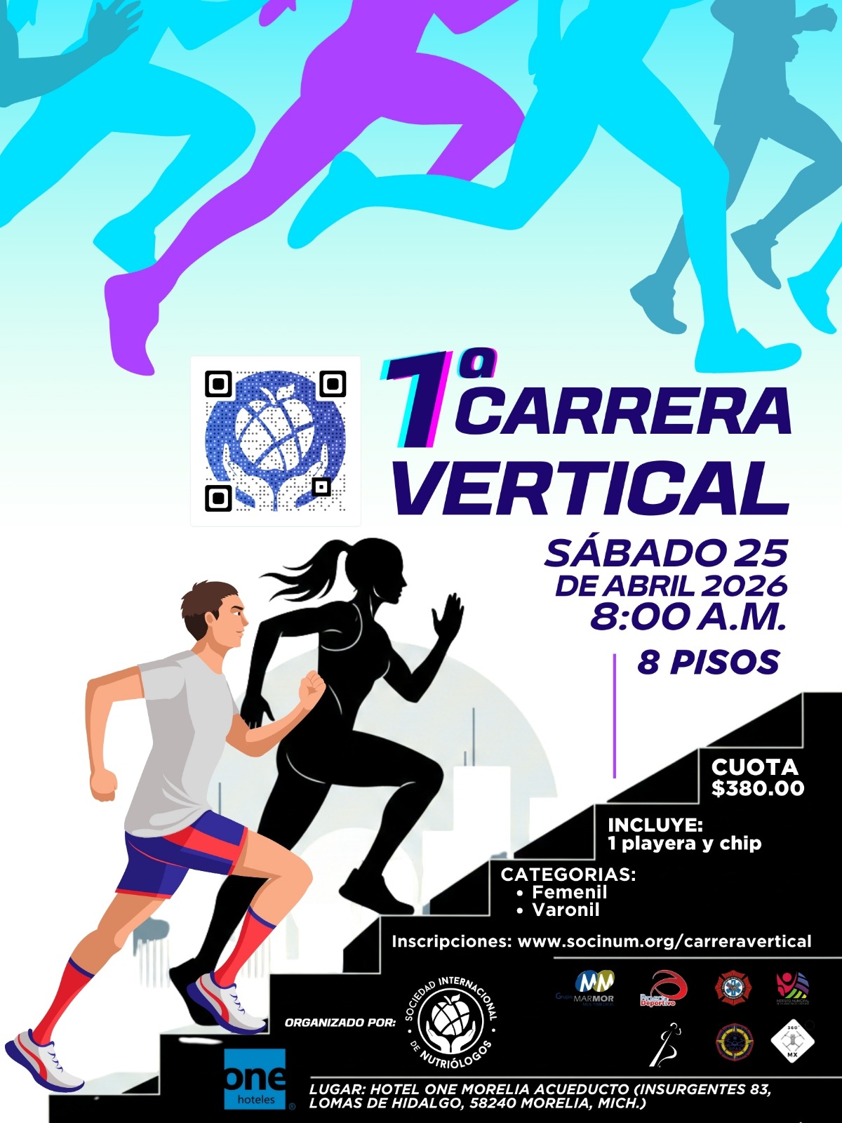 🏃🏻♀️CARRERA VERTICAL 2026
🏢 Hotel ONE Morelia Acueducto
📅 Fecha y Hora
25 de abril 2026 – 8:00 am.
📍Insurgentes #83, Lomas de Hidalgo, 58240 Morelia, Mich.
Recorrido: 8 pisos – 240 escalones.
Este no es solo un desafío físico, es una carrera CON CAUSA. Tu participación tiene un impacto directo en dos frentes vitales:
🚒 Apoyo a Héroes: Una parte de lo recaudado será donada a los Bomberos Voluntarios Morelia BVAPE para la adquisición de equipo e insumos de emergencia.
🍎 Futuro Saludable: La otra parte se destinará a llevar talleres y pláticas de nutrición a niños y niñas en escuelas públicas de Morelia.
🏆 Categorías
Femenil y Varonil.
📝 Inscripciones
💰 Cuota: $380.00 MXN
https://www.socinum.org/carreravertical
🎽 Entrega de Número de participante y responsiva;
📍 Hotel ONE Morelia Acueducto
Para locales un día antes.
En horarios de 16:00 hrs a 18:00 hrs.
Para foráneos. Se entregarán el día del evento 7:00 am.
👉🏽Incluye: Playera + chip.
⏱ Cronometraje;
Chip electrónico – resultados por categoría y sexo.
Premios a los 3 primeros de cada categoría femenil y varonil y reconocimientos especiales.
🚫 Descalificación.
❌Conducta antideportiva
❌Ayuda externa durante el ascenso
❌No completar el recorrido.
❌No estar a tiempo en el inicio del reto.
❌No permitir el rebase de los demás competidores.
❌No acatar indicaciones del staff.
💬 Contacto e informes:
📧 contacto@socinum.org
📱 443 944 9767
🌐 https://www.socinum.org/