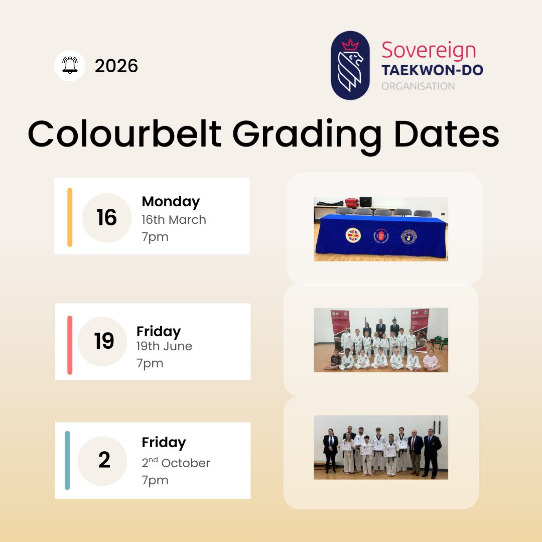 📢 UPDATED GRADING DATES FOR 2026 📢
Please note that our colour belt grading dates have changed — save the new dates below! 🥋
North Wilts TKD
🗓️ Monday 16th March – 7:00pm
🗓️ Friday 19th June – 7:00pm
🗓️ Friday 2nd October – 7:00pm
Kicking Bears 🐻
🗓️ Monday 16th March – 6:30pm
🗓️ Friday 19th June – 6:30pm
🗓️ Friday 2nd October – 6:30pm
Good luck to everyone working towards their next belt — keep training hard and we’ll see you there! 💪🔥
Please speak to your instructor if you have any questions.
#NorthWiltsTKD #KickingBears #TaekwonDo #Grading #BeltGrading #MartialArts #TKDLife #GoalSetting #TrainHard #Oss #SovereignTKD