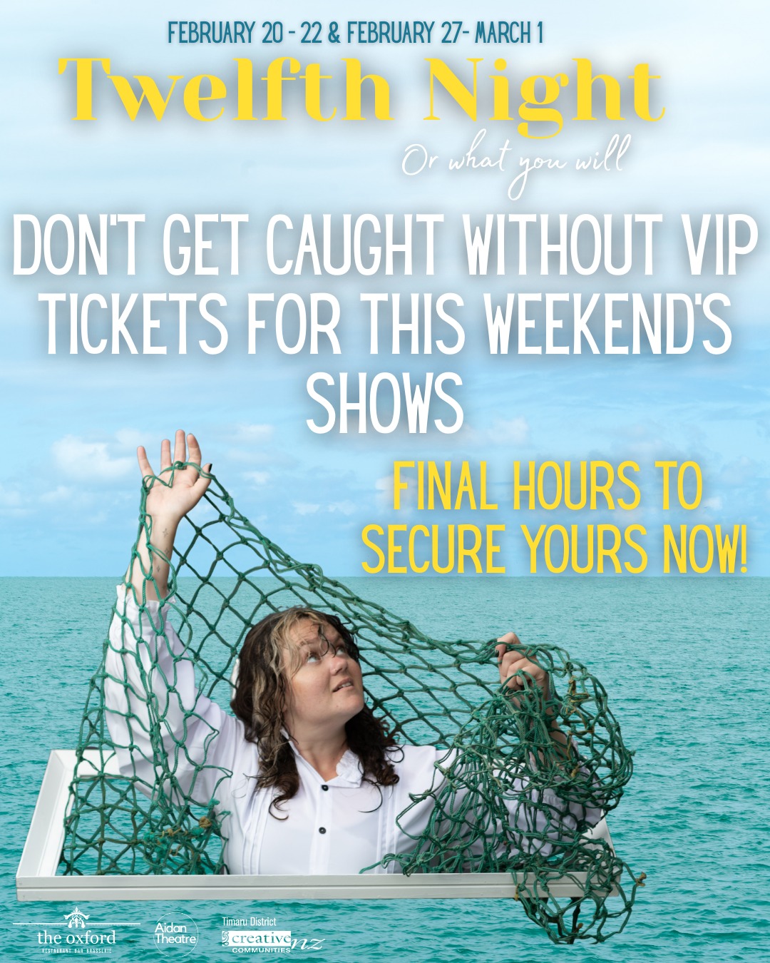 Don’t get caught without VIP tickets to our final shows this weekend!
Join us for Twelfth Night at the Sound Shell and make your time even more special with our VIP experience, enhanced seating, a VIP goodie bag, show programme, treats and refreshments, plus a cast meet and greet ✨
VIP sales close tomorrow, so if you’ve been thinking about it, now’s the time.
Bring your friends and whānau and come share some laughter with us on the lawn.
🌊💙☀️🎶💌
We can’t wait to welcome you.
🎟️ VIP tickets are available now at: https://events.humanitix.com/twelfth-night-3sp4mddm
#theatre #shakespeare #whatsontimaru #aidantheatrecompany #timaru