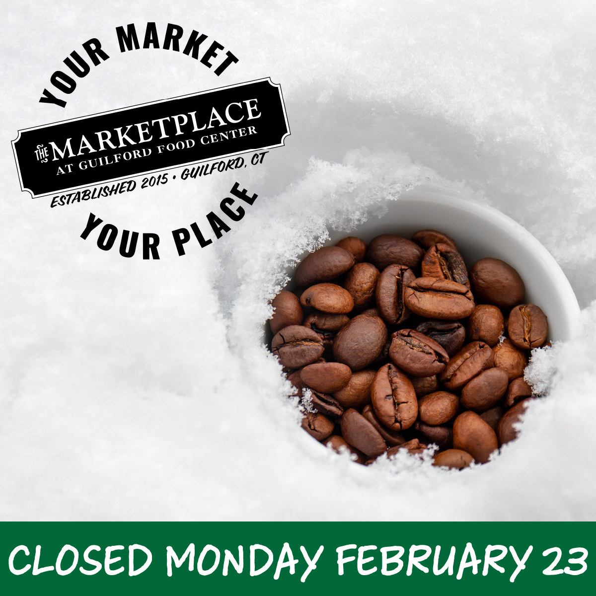 Snow is falling and we’re pressing pause ❄️ For the safety of our team and our amazing customers, The Marketplace will be closed today, Monday, February 23rd.
We’ll miss serving up your favorites, but we’ll be back tomorrow (possibly with a delay)—and ready to welcome you in. Stay safe, stay warm, and we’ll see you soon.
#themarketplaceguilford #yourmarketyourplace #thisisguilford #localfirst #ctshoreline #snowday