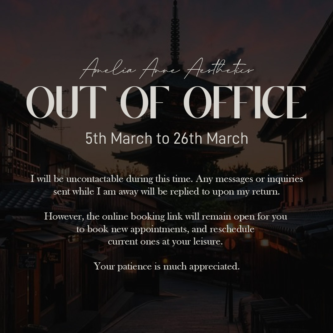 And we're off to Japan! ✈️
A few notes while I'm gone. I will be uncontactable during this time. Any messages or inquiries sent while I am away will be replied to upon my return.
(With that being said - sometimes messages get lost when my phone remains off for such a long time, so always best to hold off on inquiries till I return!)
However, the online booking link will remain open for you to book new appointments, and reschedule current ones at your leisure.
Your patience is much appreciated and I can't wait to share my adventures with you all on my return! 🇯🇵