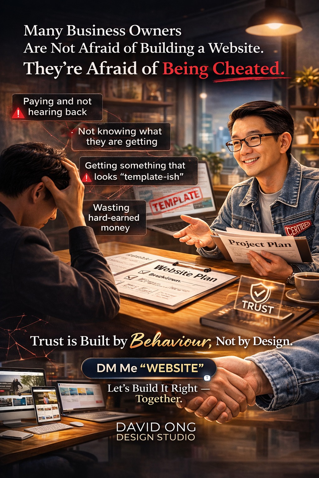 Let me say something honestly.
Many business owners are not afraid of building a website.
They are afraid of being cheated.
They are afraid of:
• Paying and not hearing back
• Not knowing what they are getting
• Getting something that looks “template-ish”
• Wasting hard-earned money
If that’s you, you’re not alone.
Over the years, I’ve heard this same concern again and again.
That’s why I explain everything clearly before we start.
No hidden structure.
No surprise costs.
No disappearing after payment.
Trust is not built by design.
It is built by behaviour.
If you’ve been hesitating to build your website because of fear,
let’s talk.
You deserve clarity.
— David Ong Design Studio
#BuiltOnTrust #SingaporeBusiness #WebsiteDesign #CustomerFirst #DavidOngDesignStudio