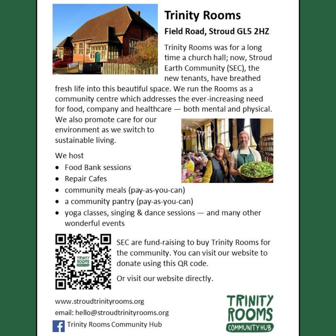 Our Trinity Rooms Hub is run by an active community group, many of which are volunteers. By working to welcome, support and include everyone, especially people facing challenges in their lives, we have become a valuable community space, at a time when many are being lost.
Hosting Community Pantry and Cafes, Monthly Repair Days, Youth Club, Christmas Dinner, the Food Bank, poetry and art classes, dances, singing, public and private meetings, celebrations of all kinds, and so much more.
Discover All We Do, Alongside Our Exciting Plans For The Future of Stroud via the links in our bio / at: www.linktr.ee/trinity.rooms
#Stroud and Proud #SupportingLocal #Community #Food #Gloucestershire