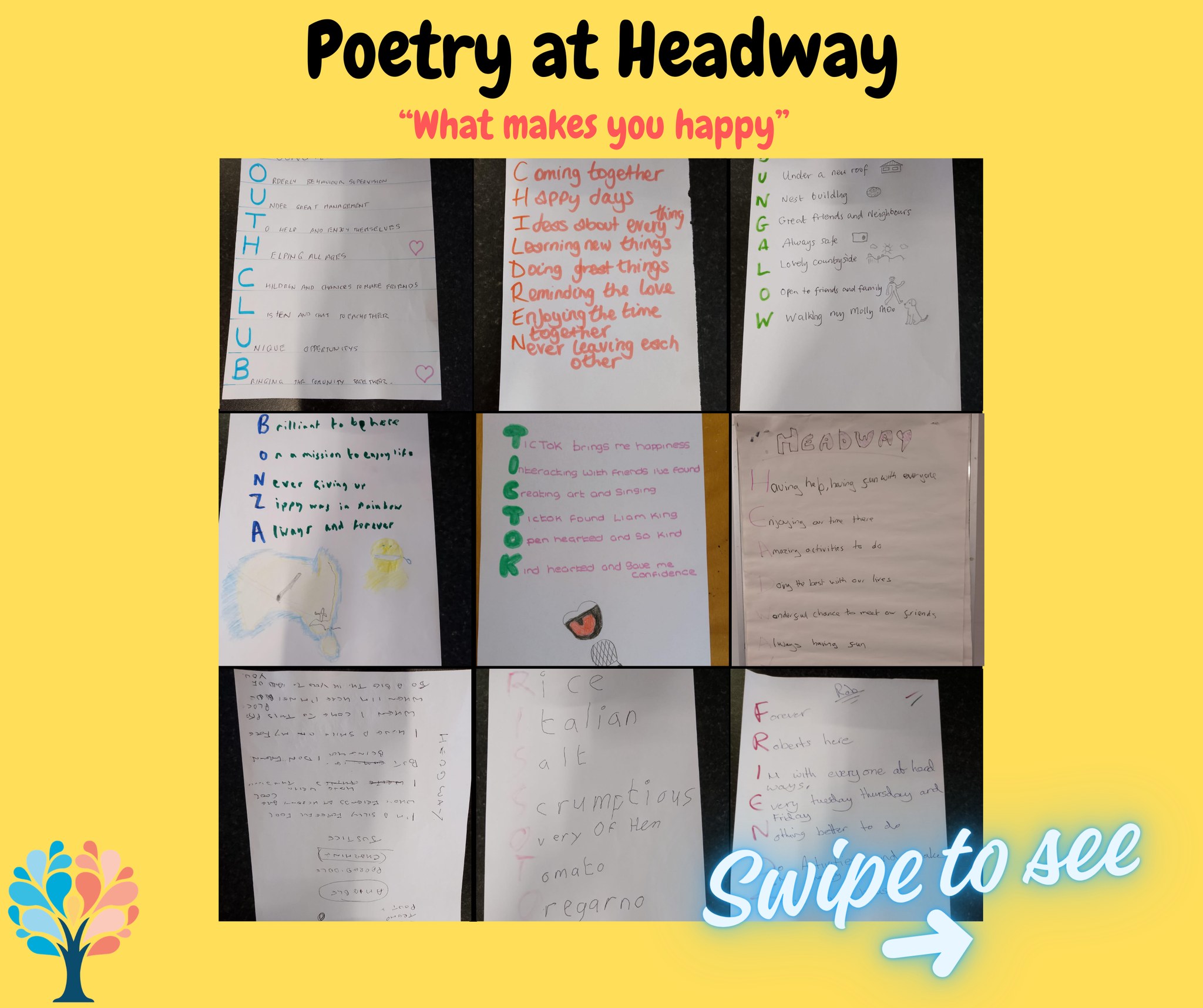 This month at Headway Bath & District, our clients have been focusing on language and creative expression. As part of this, they were challenged to create an acrostic poem about what makes them happy!
They were incredibly keen to share their work with you and we are very proud of their creativity, honesty, and positivity.
Activities like this help build confidence, communication skills, and self-expression as part of our ongoing rehabilitation support.
We hope you enjoy reading them as much as we did! 💙
#HeadwayBath #AcquiredBrainInjury #Community #Rehabilitation #creativerecovery
