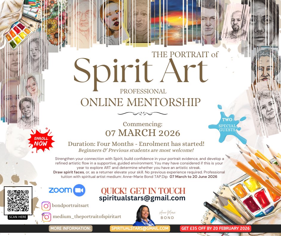 Spirit Art: A Journey of Visual Spiritual Communication
Starting 07 March 2026 - 16 Week Mentorship Online
https://www.theportraitofspirit.com/portrait-of-spirit-mentorship
Spirit art is a creative process that serves as a visual representation of spiritual communication. It involves drawing or painting the physical likeness of how the communicator appeared before their transition.
The mentorship program will guide you on how to draw, establish connections, and simultaneously combine speaking with drawing. With the addition of a few special guests to enrich your experience, this is the perfect starting point for your journey.
Suitable for: Complete beginners / previous mentorship students
Not suitable for: Advanced spirit artists