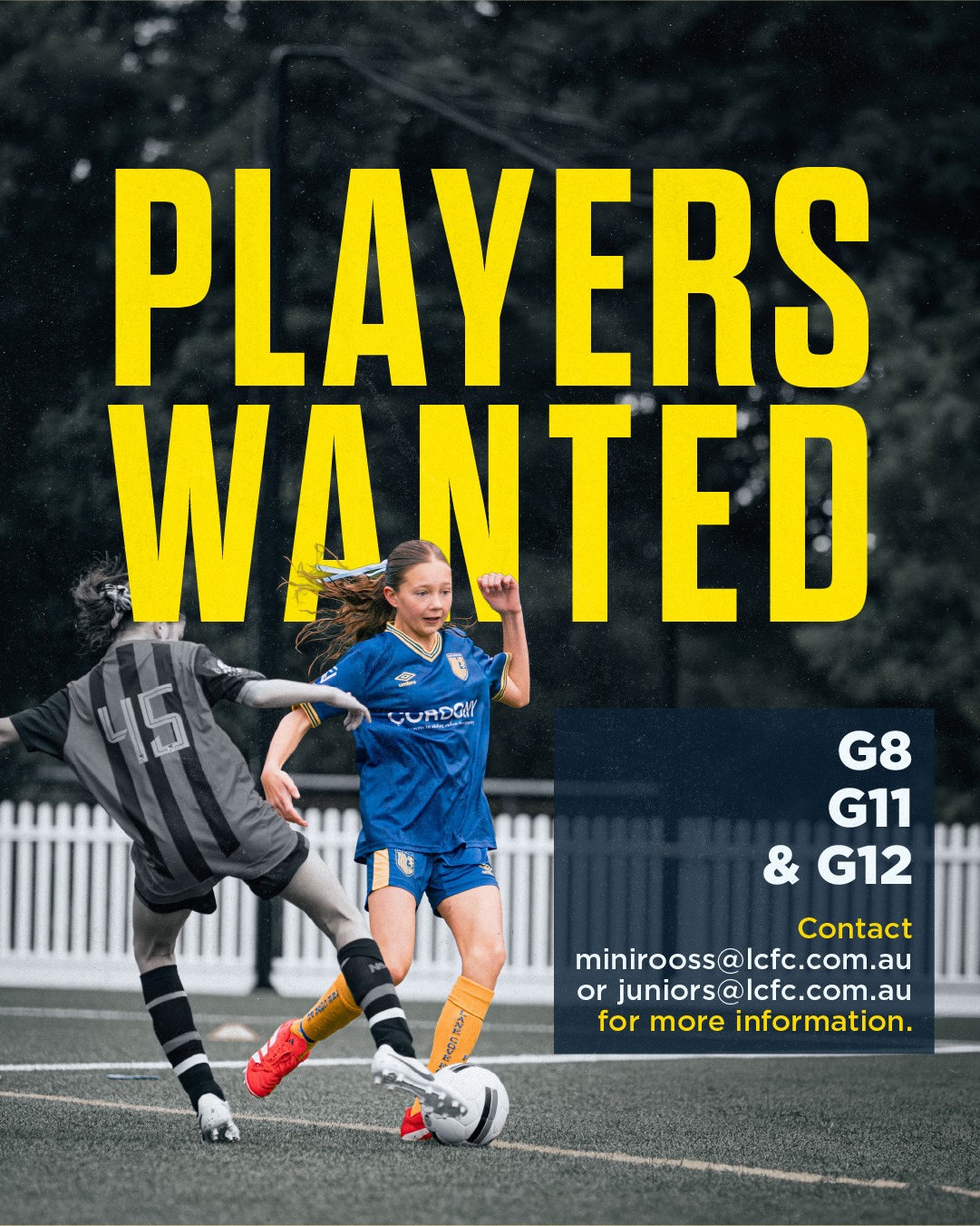 G8, G11 & G12 PLAYERS WANTED!!!
...to join our growing contingent of female footballers at Lane Cove Football Club.
Limited spaces remain in our other girls age divisions also, so gather your friends and get in contact with us on:
miniroos@lcfc.com.au
juniors@lcfc.com.au
Register via link in our bio.
🔵🟡⚽️💪🟡🔵
#AnyOneCanPlay #LaneCoveFC
#LaneCove #inthecove #NSFA #footballnsw #footballaustralia #football #soccer #footballislife #footballculture #footballlife #miniroos #juniorfootball
@inthecove