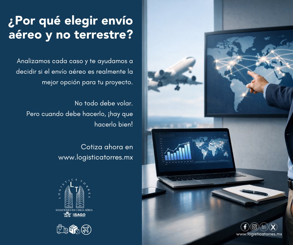 📌✈️ ¿Por qué elegir envío aéreo y no terrestre?
Cuando el tiempo impacta tu operación, el envío aéreo se convierte en una ventaja estratégica.
✔ Reduce tiempos de tránsito
✔ Disminuye riesgos por trayectos largos
✔ Ideal para productos urgentes
✔ Mayor control en ventanas de entrega
En Logística Torres analizamos cada caso y te ayudamos a decidir si el envío aéreo es realmente la mejor opción para tu proyecto.
No todo debe volar.
Pero cuando debe hacerlo, hay que hacerlo bien.
📲 Escríbenos y evaluamos tu necesidad logística.
✈️ Decidir bien también es parte de la logística.
#LogísticaTorres #CargaAérea #TransporteAéreo #DecisionesEstratégicas #SolucionesLogísticas #Optimización #tucargasegura #tucargasegurayatiempo #logistica #volariscargo #logisticaytransporte #SomosLogisticaTorres #enviosnacionales