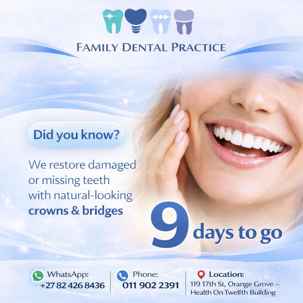 🦷 Did you know?
Damaged or missing teeth don’t have to hold you back.
At Family Dental Practice, we restore smiles with natural-looking crowns & bridges that are designed to look, feel, and function just like your own teeth ✨
⏳ Only 9 days to go!
We’re counting down and can’t wait to welcome you to our new branch in Linksfield
📞 Tel: 011 902 2391
🌐 https://familydentalpractice.co.za/
💬 WhatsApp: 078 242 8436
📅 Book today and take the first step toward a confident, healthy smile.
#DidYouKnow #CrownsAndBridges #SmileRestoration #FamilyDentalPractice #AlbertonDentist #HealthySmiles #CountdownBegins