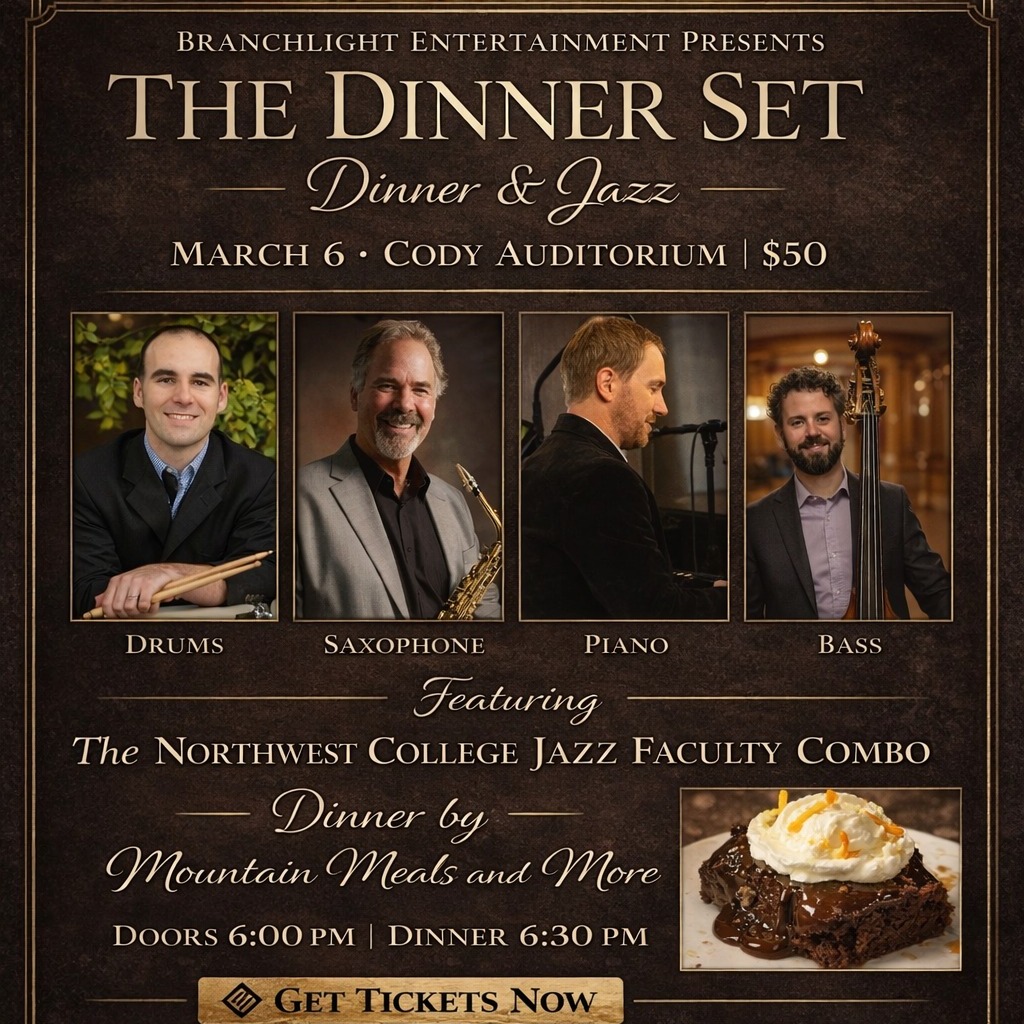 https://www.branchlightentertainment.com/event-details/the-dinner-set-jazz-concert-cody
🎶✨ An Evening of Dinner & Jazz ✨🍷
Branchlight Entertainment invites you to The Dinner Set — a night where incredible food meets world-class musicianship.
Join us March 6 at the Cody Auditorium for an unforgettable performance by the Northwest College Jazz Faculty Combo — featuring faculty artists on drums, saxophone, piano, and bass.
These aren’t hobbyists. These are the real deal.
Pair that with a beautifully prepared dinner by Mountain Meals and More, and you’ve got the kind of evening that feels like it belongs in a bigger city… but it’s right here at home.
🕯 Doors open at 6:00 PM
🍽 Dinner served at 6:30 PM
🎟 Tickets: $50
Seats are limited — and this one will fill.
Get your tickets now at:
👉 BranchlightEntertainment.com
Let’s dress up a little. Let’s linger over dessert. Let’s let the music do what it does best.
See you there. 🎶 #jazz #jazzmusic #dinnerplans #dinnervibes #dinnerdate #dinnertime