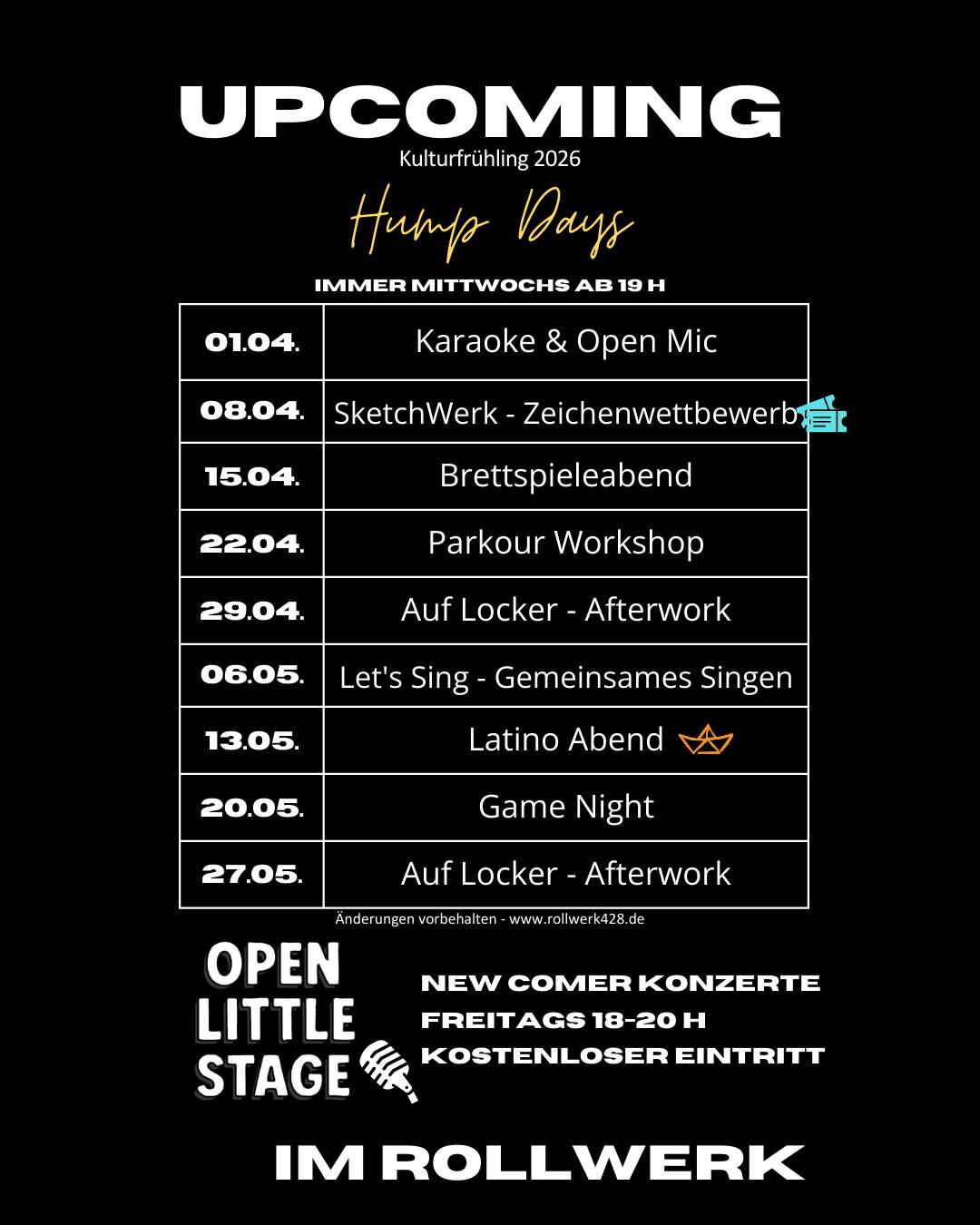 Kulturfrühling 2026 - Hump Days
⛵ = Veranstaltung im Rahmen des Bel R!
🎟 = Tickets im VVK