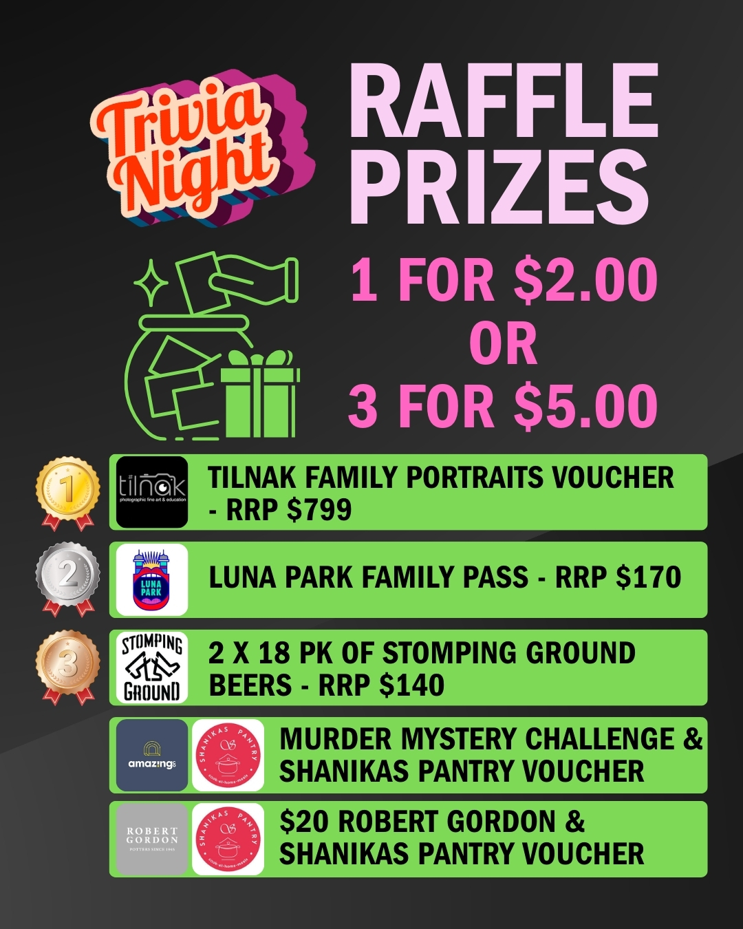 Still on the fence about coming to Trivia Night? 👀
Well… have you SEEN the raffle prizes?! 🎟️✨ And that’s just the start!
🎟️ Tickets on the night are just $2 each or 3 for $5 — which means you could win BIG for next to nothing!
Don’t miss your chance to have a fun night out AND walk away with something amazing 🙌
Grab your tickets, bring your friends and let’s make it a night to remember! 💜
📅 Saturday 28 February
⏰ 7:30pm
📍 Pakenham Hall - 6E Henry Street Pakenham, VIC 3810
🎟️ $35 per person - https://triviashirts.eventbrite.com
#TriviaNight #RafflePrizes #WinBig #CommunityEvent #FundraiserFun
