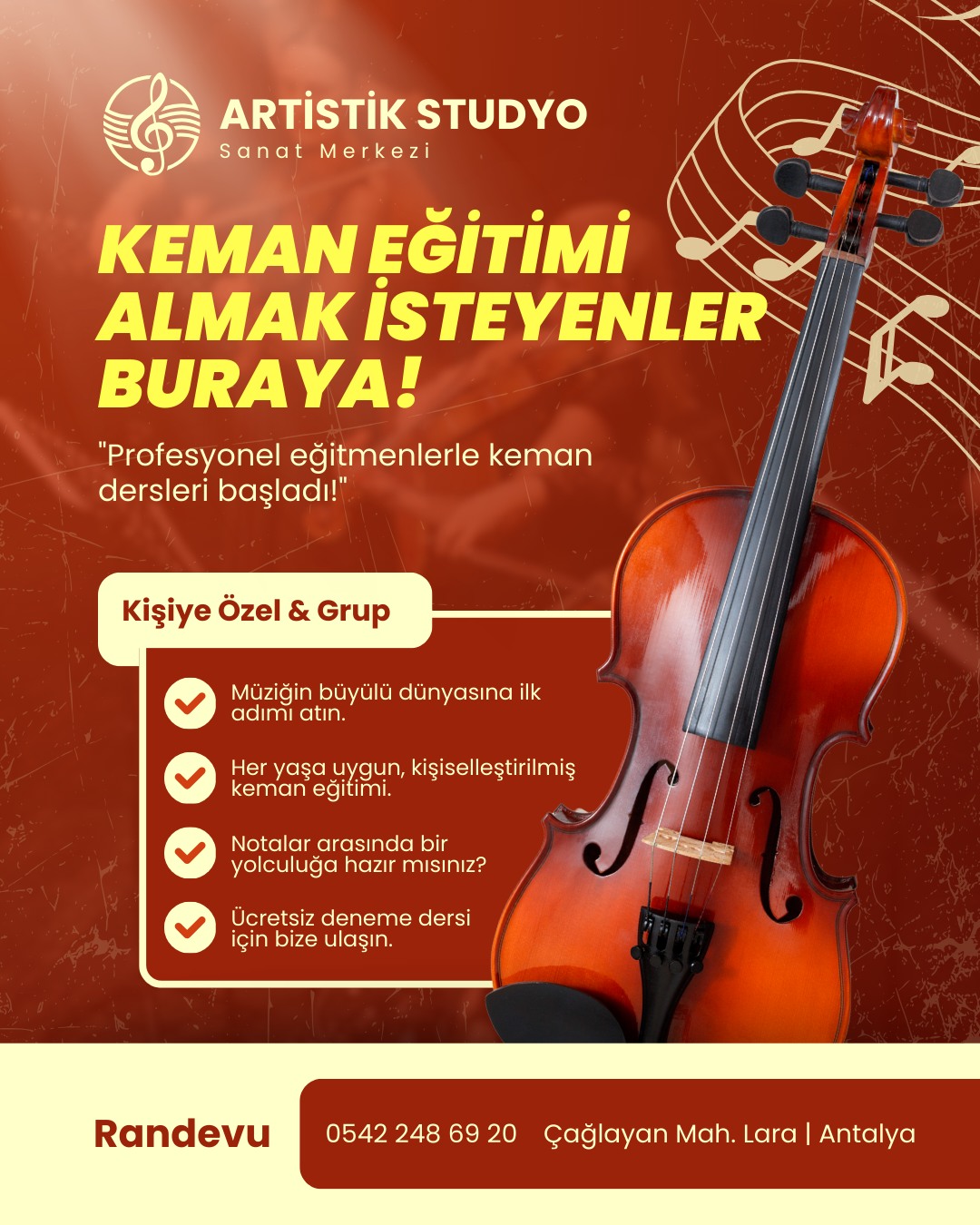 Sadece dinlemekle yetinmeyin, sahnenin bir parçası olun. Seviyenize uygun ders planlamasıyla favori eserlerinizi çalmaya başlayın. Kendi müziğinizi yaratmanın ayrıcalığını bugün yaşayın.
Keman çalmak zor" klişesini yıkıyoruz. Sıfırdan başlayanlar için özel olarak tasarlanmış, adım adım ilerleyen ders metodumuzla enstrümanınıza kısa sürede hakim olun. İlk notadan ilk şarkıya kadar yanınızdayız.
#kemaneğitimi #keman #kemankursu #artistikstüdyo