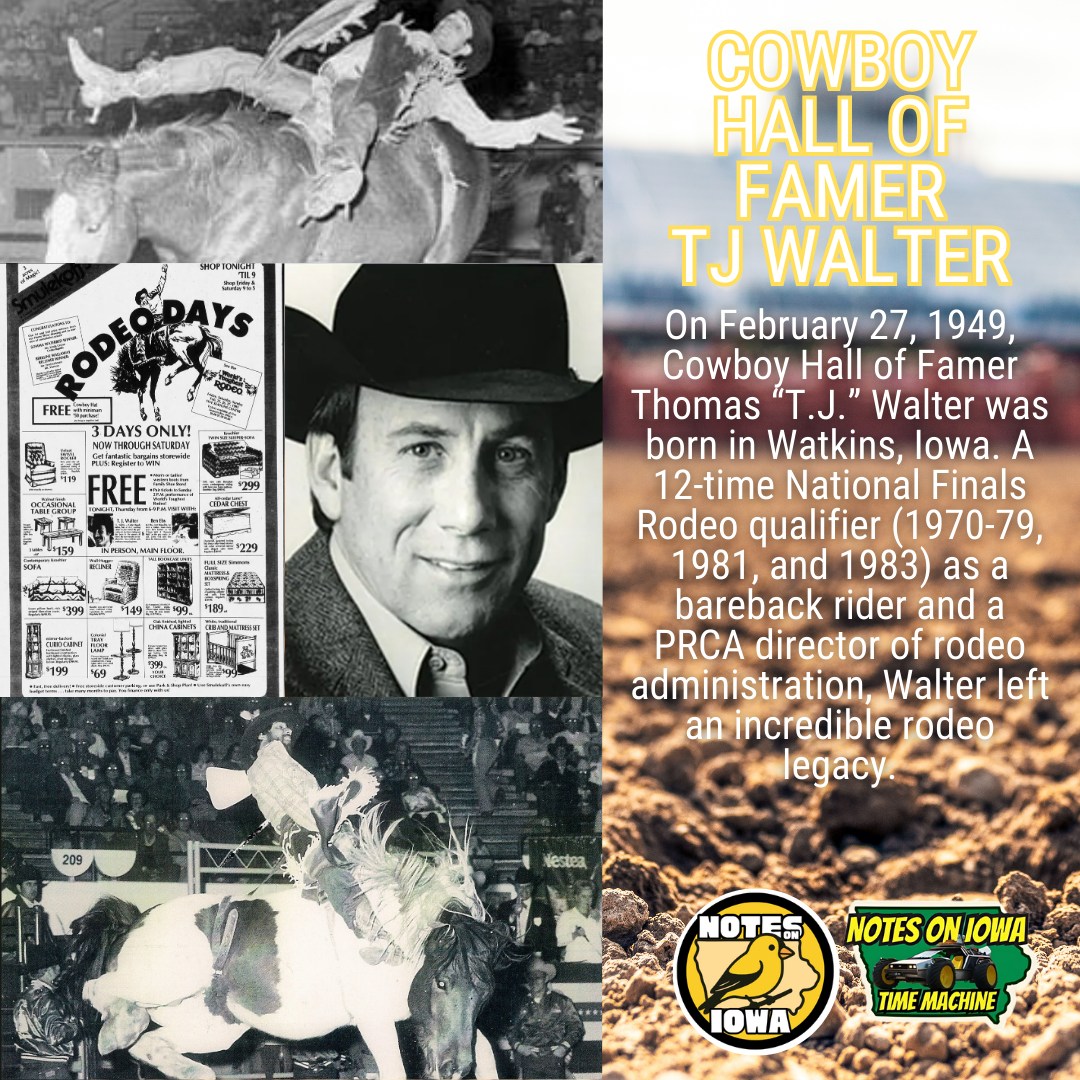 Iowa Time Machine ⏰: On February 27, 1949, Cowboy Hall of Famer Thomas “T.J.” Walter was born in Watkins, Iowa. A 12-time National Finals Rodeo qualifier (1970-79, 1981, and 1983) as a bareback rider and a PRCA director of rodeo administration, Walter left an incredible rodeo legacy.
Raised on an Iowa farm with twelve siblings, Walter started riding calves at age ten, bulls at thirteen, and bareback horses at fourteen. While in high school, Walter shone in the National High School Rodeo Association (NHSRA), winning the Iowa High School Rodeo Associationbull riding and bareback championships in 1966. He also won the NHSRA bareback and All-Around championships in 1967.
Heading west to attend college in Casper, Wyoming, Walter qualified for the NIRA finals in 1967 and 1968. Walter soon turned pro, riding in the RCA/PRCA for 15 years. In addition to making 12 NFR appearances in bareback riding, he also competed in all the major rodeos in the United States and Canada. Walter went on to win the bareback riding at the Presidential Rodeo in Washington, D.C., and also earned a Gold Medal as coach of America’s 1988 Olympic Rodeo Team.
After his competition days ended, Walter spent the rest of his life advancing rodeo, serving on the PRCA Board of Directors for 11 years and as the director of the PRCA Rodeo Administration for 14 years. Walter’s dedication resulted in induction to the Iowa High School Rodeo Hall of Fame, the Texas Rodeo Cowboy Hall of Fame, and the National Rodeo Hall of Fame. #Iowa #OTD #Rodeo #History #Cowboy