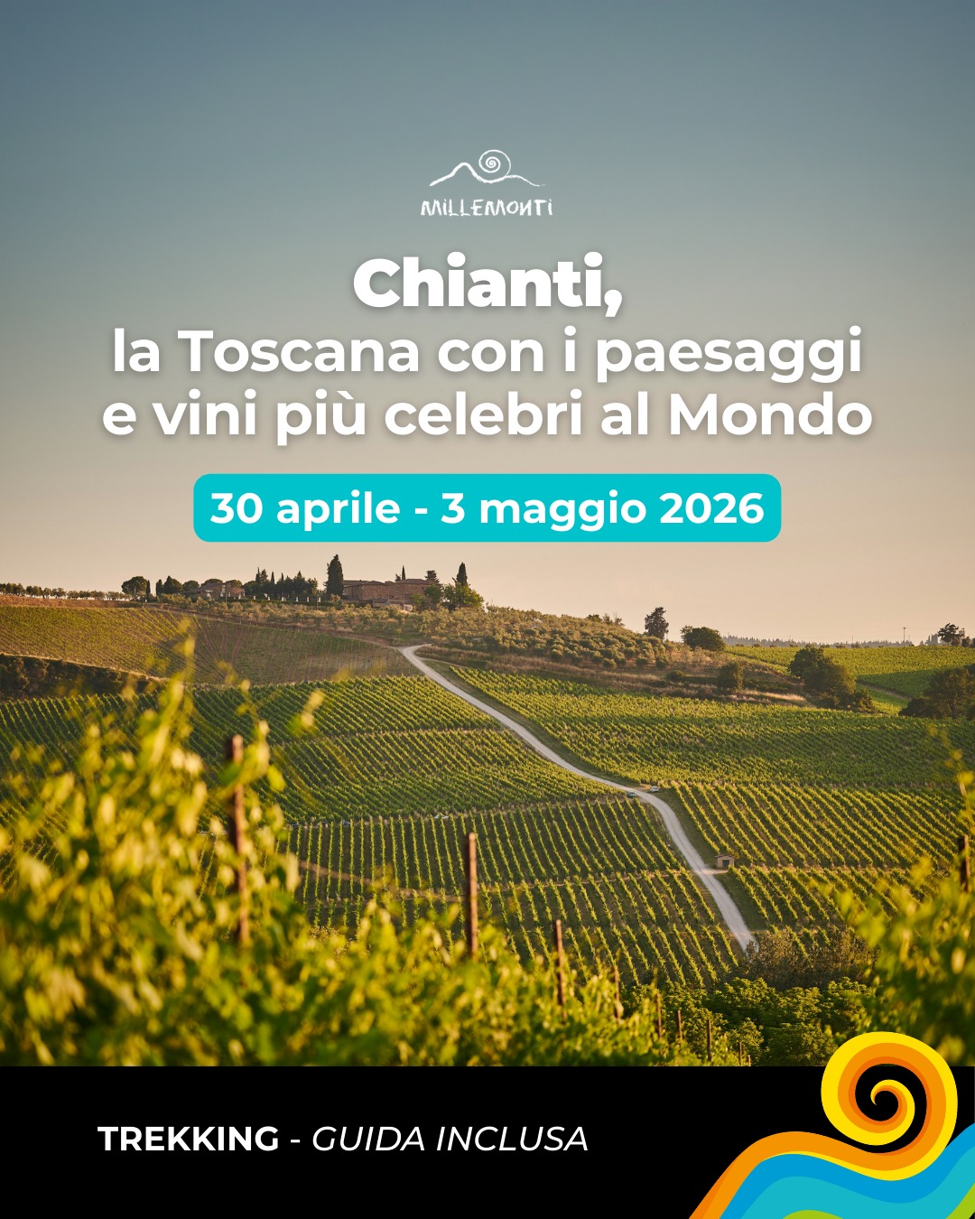 🍷 #CHIANTI. Una parola che racchiude paesaggi iconici, vini leggendari e borghi suggestivi.
Quattro giorni di trekking esclusivo a passo lento nel cuore della #Toscana più autentica, lungo le storiche Vie del Chianti Classico 🍇🌅
Con MilleMonti vivrai un’esperienza completa:
🌿 Trekking panoramici guidati tra colline, vigneti e borghi medievali
🏰 Le tre anime simboliche del territorio: #Greve, #Radda e #Impruneta
🏡 Soggiorno in una struttura tipica immersa nella quiete delle colline toscane
🍷 Degustazioni di Chianti Classico, dal carattere intenso e avvolgente
Un’esperienza da camminare… e da assaporare. Partecipa anche tu!
👉 Scopri il programma di viaggio su www.millemonti.it
#millemonti #outdoors #trekking #viaggiare #viaggio #vacanza #viaggiotrekking #vacanzedigruppo #viaggiodigruppo #Toscana #TrekkingInToscana #WineTrekking
@sportlandweb_ @kayland_official @rockexperienceofficial @guidealpinelombardia @guidealpine_italiane