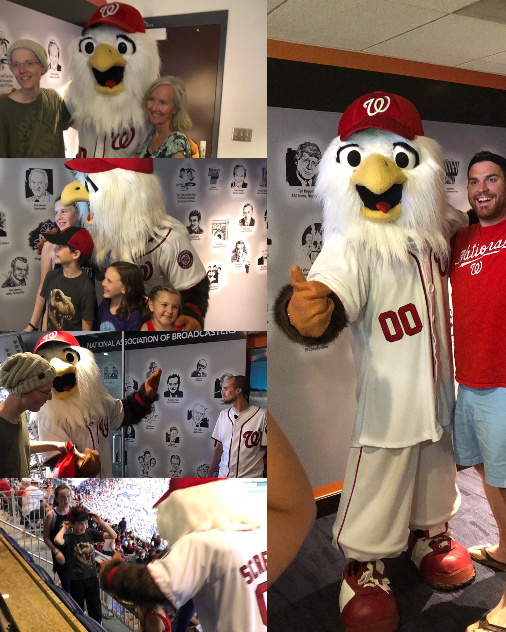 With baseball spring training here, we are reminiscing about the fun we used to have in a donated corporate suite at Washington Nationals Park. We invited families who had a teen with cancer so they could all come for free and have a great time! When the mascot showed up, it was quite a surprise! ๐