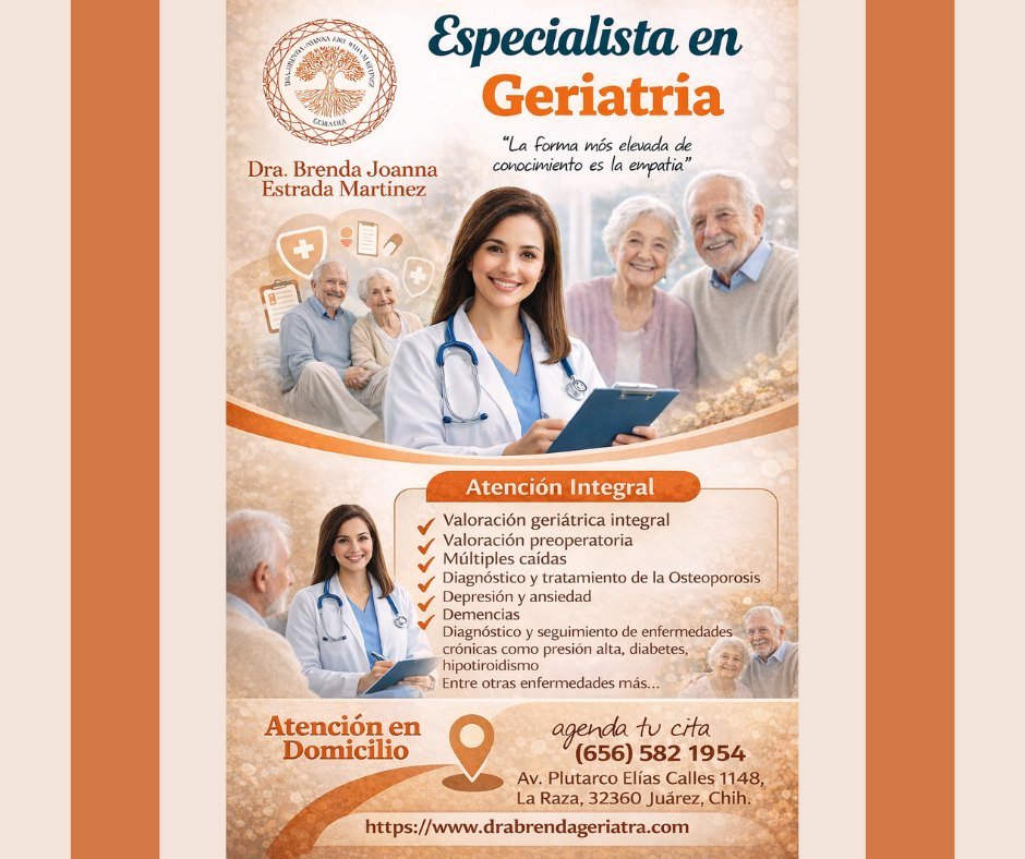 ✨ ¿Qué hace el Geriatra? ✨
El médico geriatra es el especialista en el cuidado de las personas mayores 👵🏼👴🏼.
No solo atiende enfermedades, también ayuda a prevenir, tratar y rehabilitar, tomando en cuenta la salud física, emocional y el entorno familiar 👨👩👧👦.
Acompaña tanto a personas mayores sanas como a quienes viven con alguna enfermedad, en cualquier etapa, siempre con un objetivo claro:
💪🏼 Mantener y recuperar su independencia y calidad de vida.
Porque envejecer es un proceso natural, y hacerlo con bienestar es posible 🧡
-------------------------------------------------------------------->
📞 Agenda tu cita: 656 582 1954
👩🏻⚕️ Dra. Brenda Joanna Estrada Martínez
🥼 Certificada por el Consejo Mexicano de Geriatría
🏥 Consultorio: Av. Plutarco Elías Calles #1148,
Fracc. La Raza, Cd. Juárez, Chihuahua.
🌐 www.drabrendageriatra.com
#Geriatría #PersonaMayor #AtenciónEnDomicilio #SaludIntegral