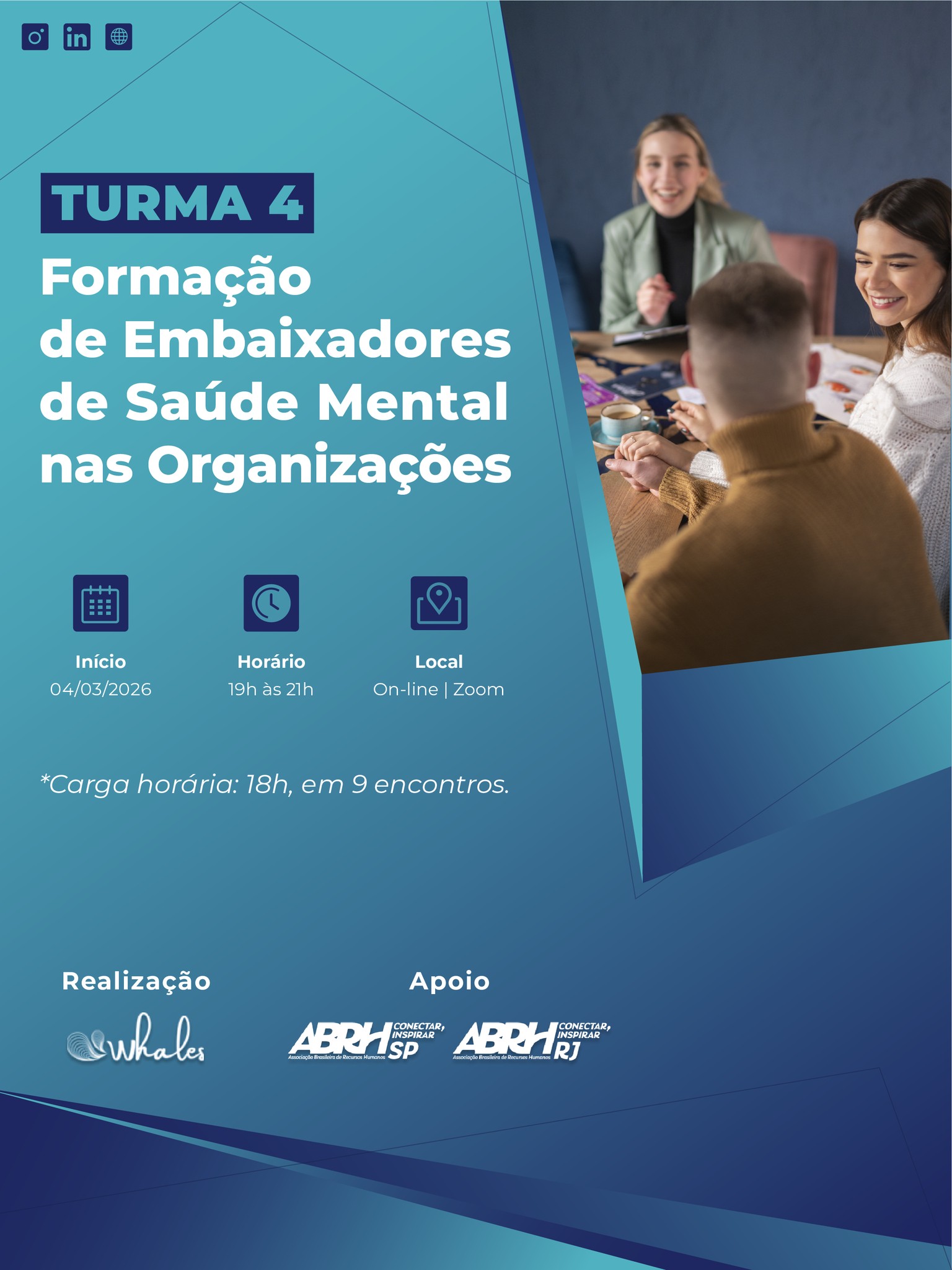 📢 Inscrições abertas para a 4ª Turma da Formação de Embaixadores de Saúde Mental
A saúde mental deixou de ser pauta opcional e passou a ser uma responsabilidade estratégica das empresas.
O aumento dos casos de burnout, ansiedade e depressão no ambiente corporativo, somado às novas exigências legais, torna urgente a preparação de lideranças e times para a gestão dos riscos psicossociais.
É nesse contexto que nasce a 4ª Turma da Formação de Embaixadores de Saúde Mental, voltada a profissionais de RH, líderes, SESMT e equipes de saúde ocupacional que precisam atuar de forma preventiva, estruturada e alinhada à legislação.
📅 Início: 04/03/2026
💻 100% online
Conduzida por um time multidisciplinar, médico do trabalho, psicólogos, psiquiatra, farmacêutico e gestores, a formação aborda:
✅ Aplicação prática da NR-1;
✅ Identificação e gestão de riscos psicossociais;
✅ Estratégias reais de prevenção e promoção da saúde mental;
✅ Construção e implementação de políticas organizacionais eficazes.
👉 Prepare sua empresa para os desafios regulatórios e humanos do mundo do trabalho.
🔗 Link para inscrição na Bio
📧 Dúvidas? contato@whales.com.br
| WhatsApp: +55 (11) 97123-7255
#TrabalhoHumanizado #EmbaixadoresDeSaúdeMental #NR1 #SaúdeMentalNoTrabalho #GestãoDeRiscosPsicossociais #SaúdeCorporativa