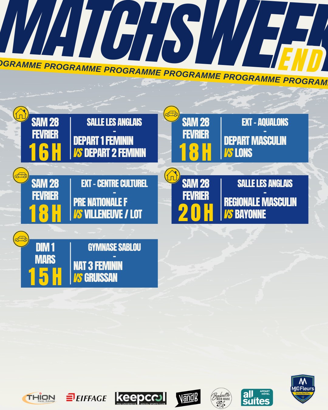 🌸 Programme du week-end 🌸
Samedi 28 Février, salle les anglais;
-16h, Départ F 1 contre Départ F 2
-20h, Régionale G contre Bayonne
EXT ;
Samedi 28 février 18h, départ G à Lons (Complexe Aqualons)
Samedi 28 février 18h, pré-nat F à Villeneuve / lot (Centre culturel)
Dimanche 1 mars 15h, N3F à Gruissan (Gymnase Sablou)
📸 @sowaho0
@ruiztheo
🙌 Partenaires ;
@Thion Equip'Elevage / @keepcoolpau / @vandbpau /
@all_suites / @babettebeerhouse